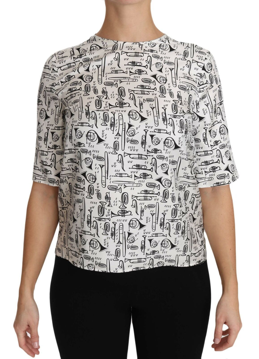 Blouse blanche Dolce & Gabbana avec imprimé d'instruments de musique, style élégant et tendance.