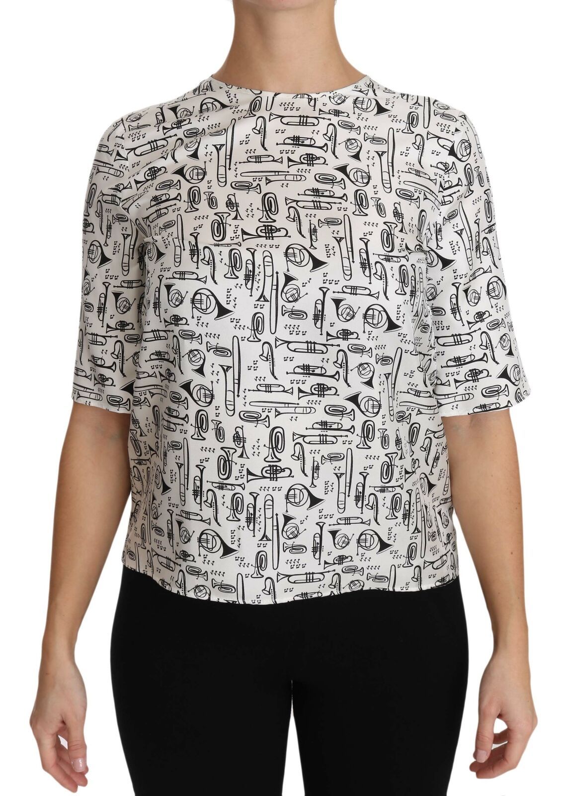 Blouse blanche Dolce & Gabbana avec imprimé d'instruments de musique, style élégant et tendance.