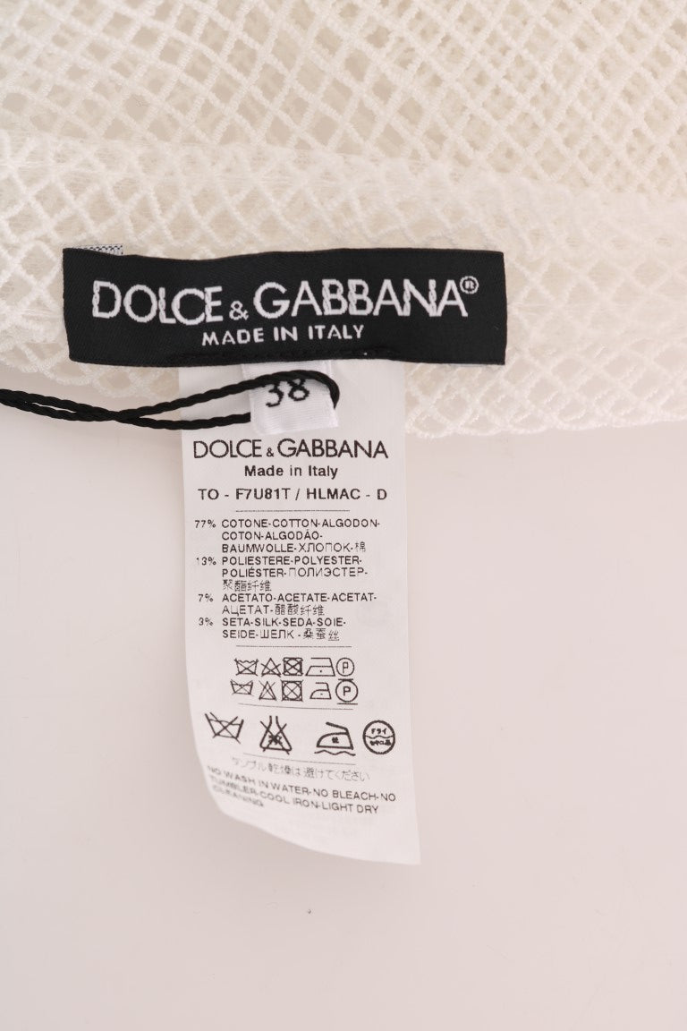 Top transparent en filet blanc de Dolce & Gabbana, débardeur en maille fine, aperçu en gros plan.
