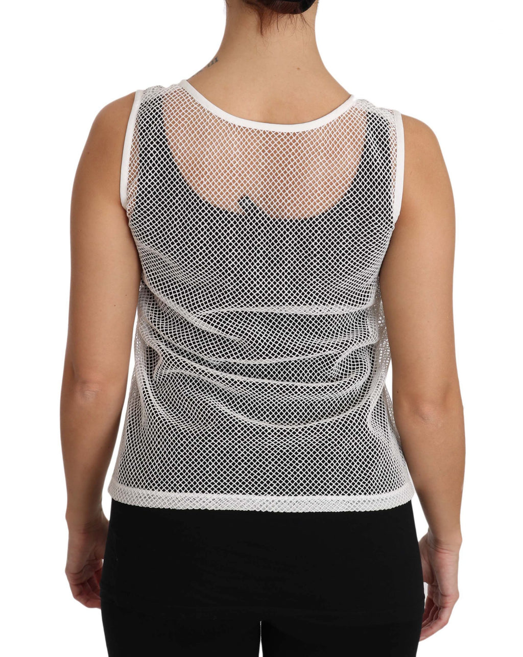 Débardeur sans manches en filet blanc Dolce & Gabbana, transparent, avec détails délicats, parfait pour un look élégant.