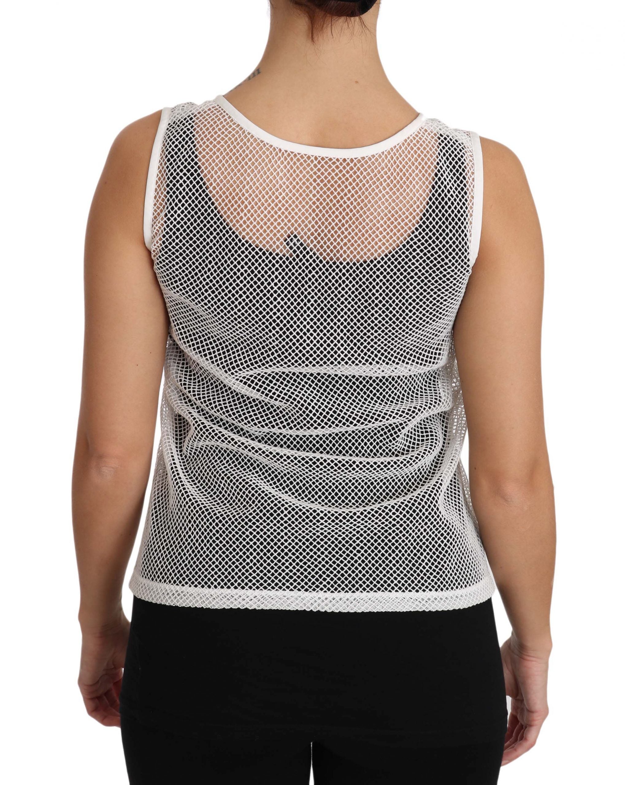 Débardeur sans manches en filet blanc Dolce & Gabbana, transparent, avec détails délicats, parfait pour un look élégant.