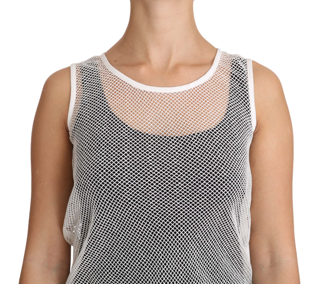 Débardeur sans manches transparent en filet blanc Dolce & Gabbana, style élégant et léger, visible en détail dans l'image.