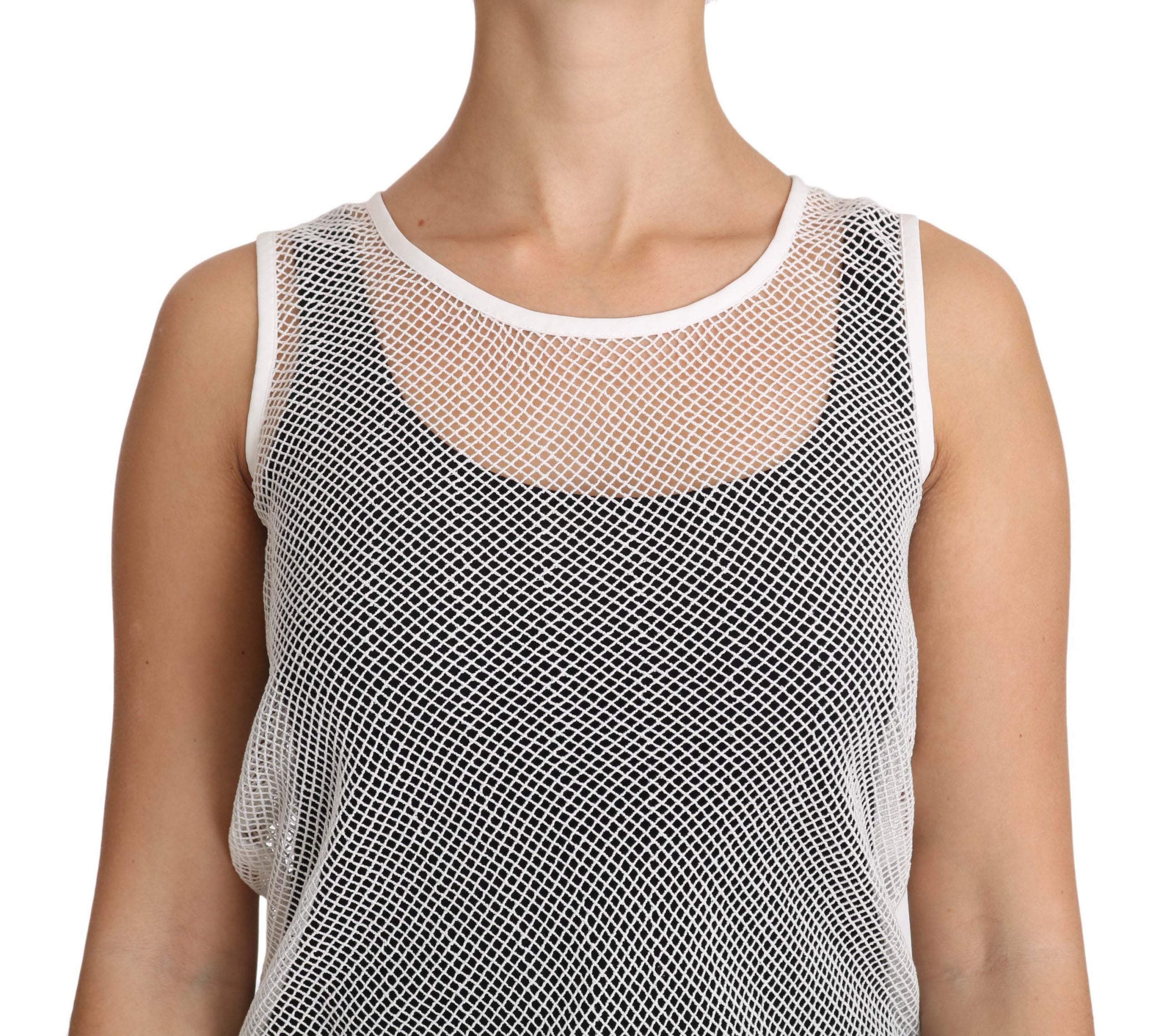 Débardeur sans manches transparent en filet blanc Dolce & Gabbana, style élégant et léger, visible en détail dans l'image.