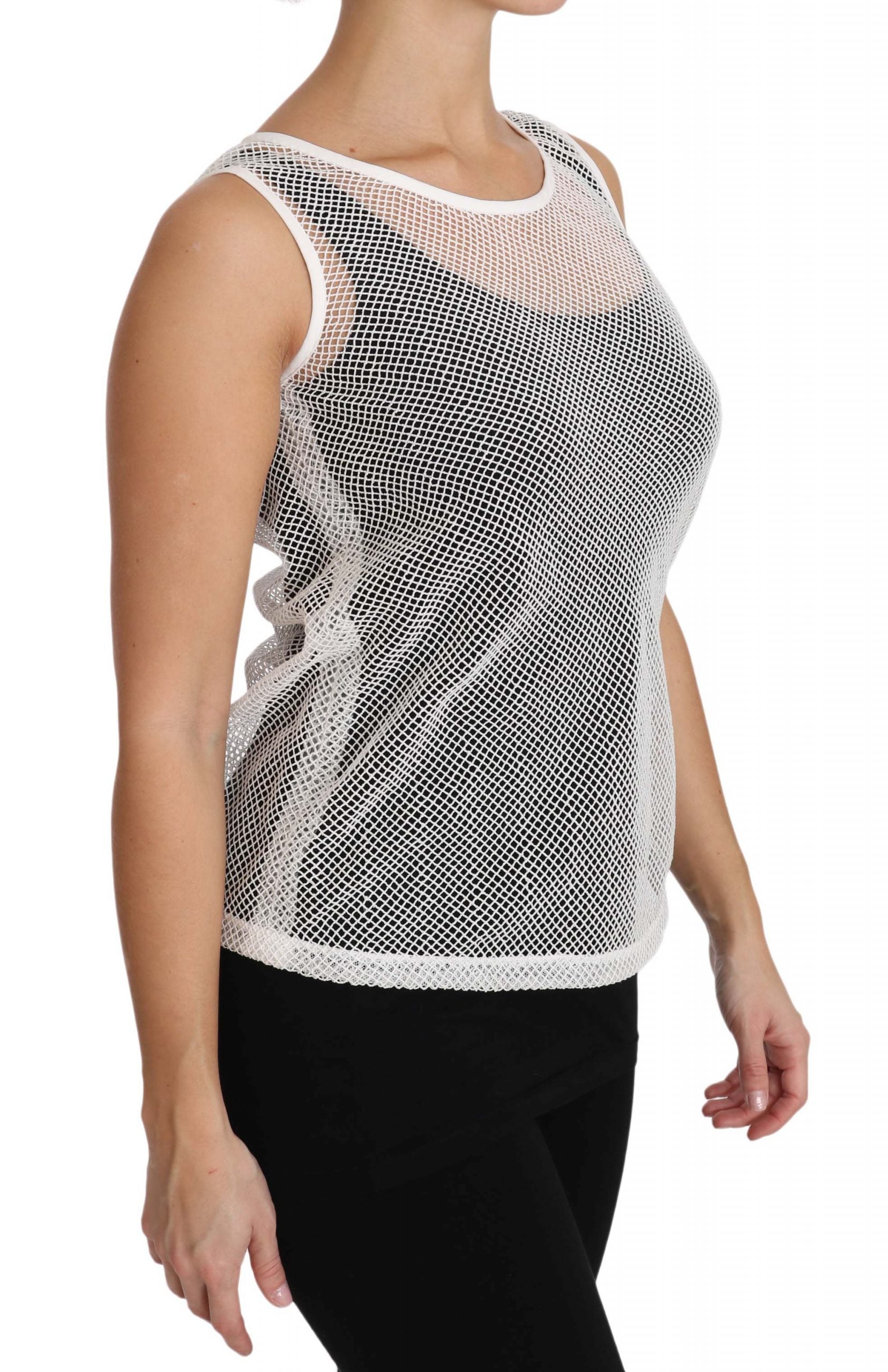 Débardeur sans manches blanc en filet transparent de Dolce & Gabbana, tissu léger et design élégant.