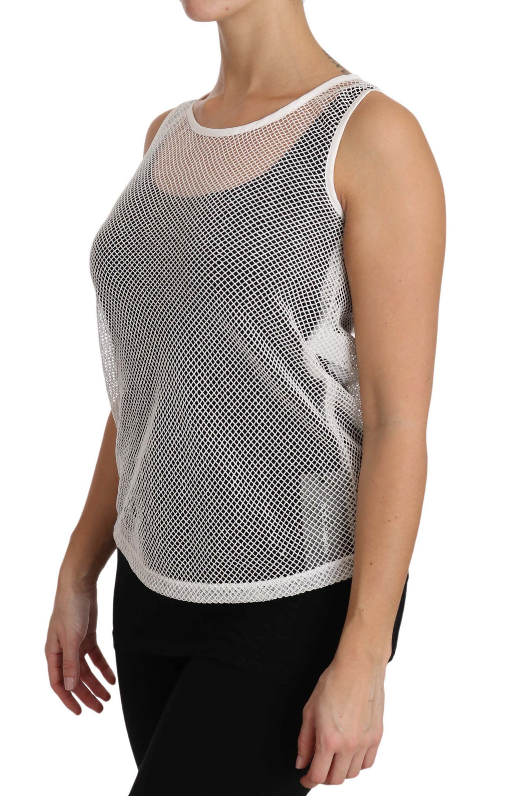 Tank top sans manches en filet blanc Dolce & Gabbana, transparent et élégant, parfait pour un style moderne et sophistiqué.