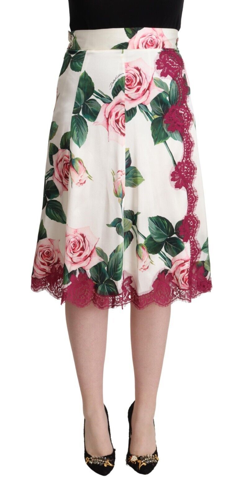 Dolce & Gabbana White Rose Print High Waist Midi A-line Skirt - La luxence