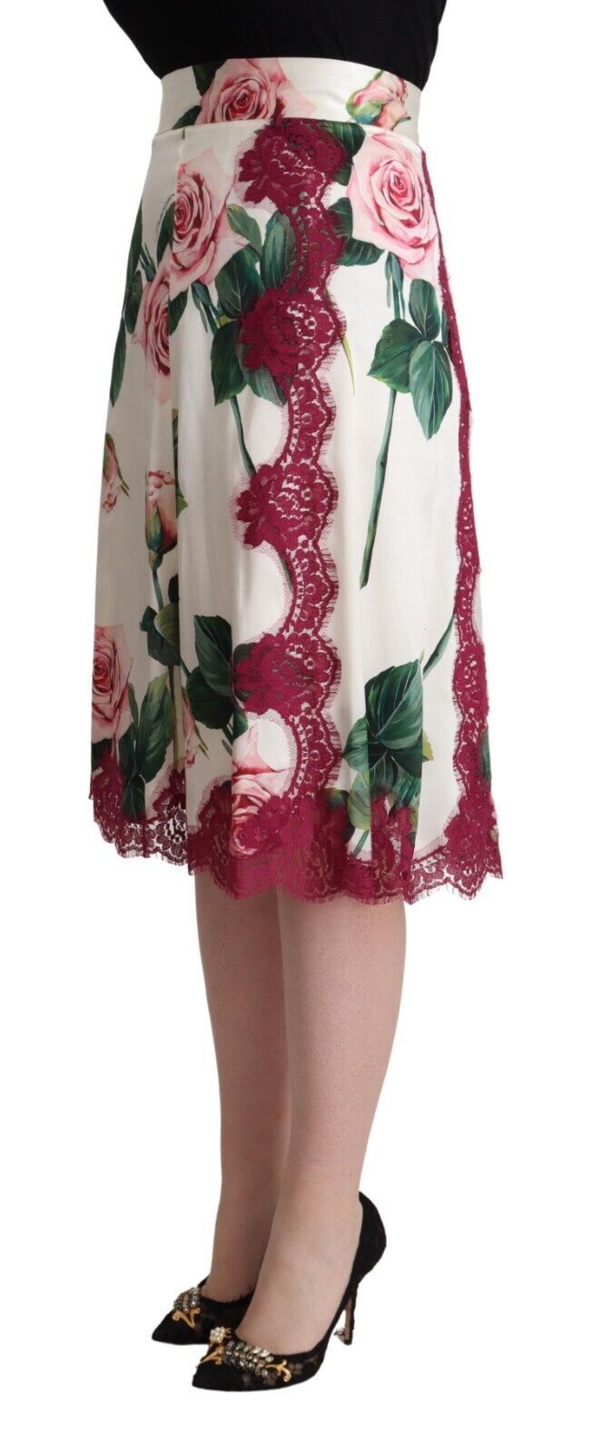 Dolce & Gabbana White Rose Print High Waist Midi A-line Skirt - La luxence