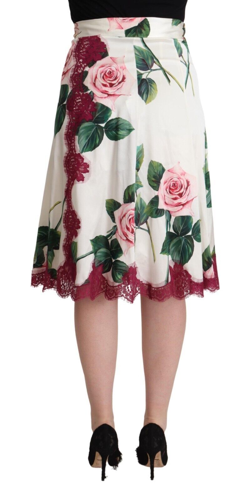 Dolce & Gabbana White Rose Print High Waist Midi A-line Skirt - La luxence
