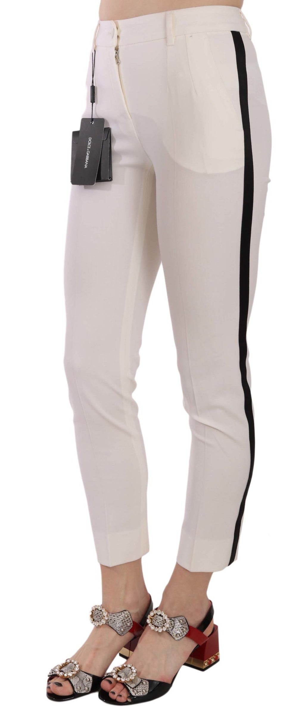 Pantalons skinny cropped blancs Dolce & Gabbana avec rayures latérales, mode élégante et tendance.