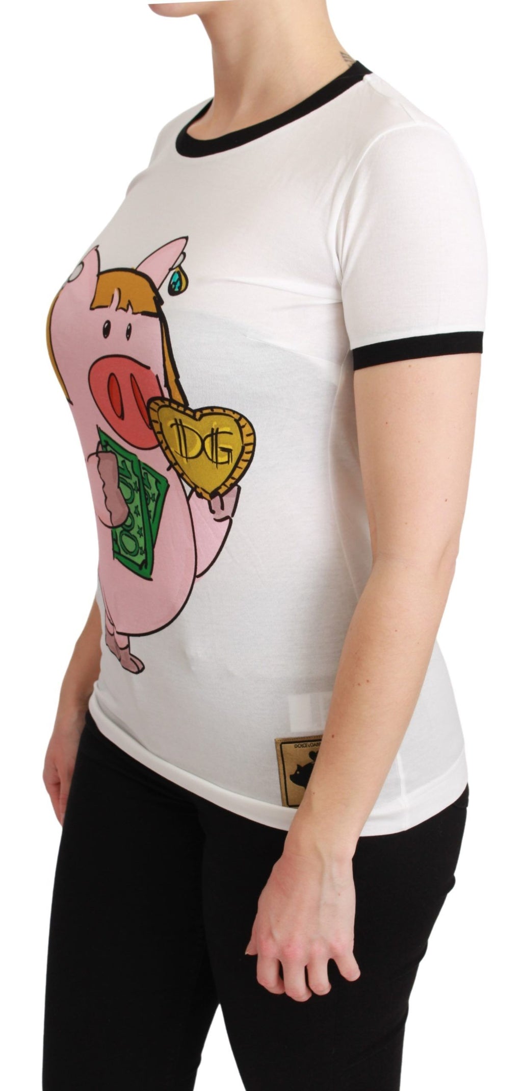 T-shirt en coton blanc Dolce & Gabbana Year of the Pig, design graphique avec logo de la marque, vue de face.