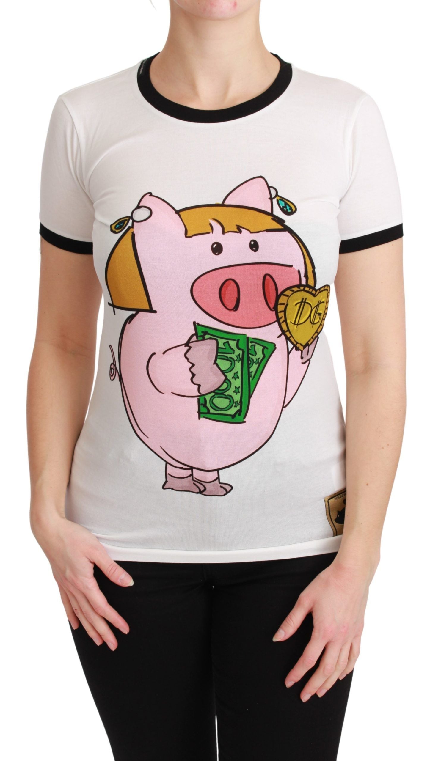 T-shirt blanc en coton Dolce & Gabbana Year of the Pig avec motif de cochon, coupe classique, style mode italien.