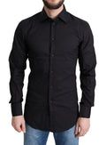 Chemise formelle Dolce & Gabbana en coton mélangé noir, vue en gros plan sur le tissu et le col.
