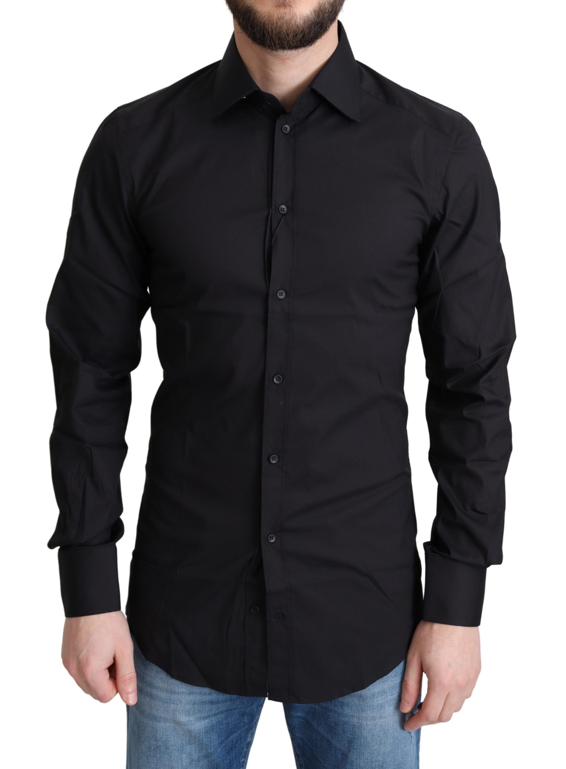 Chemise formelle Dolce & Gabbana en coton mélangé noir, vue en gros plan sur le tissu et le col.