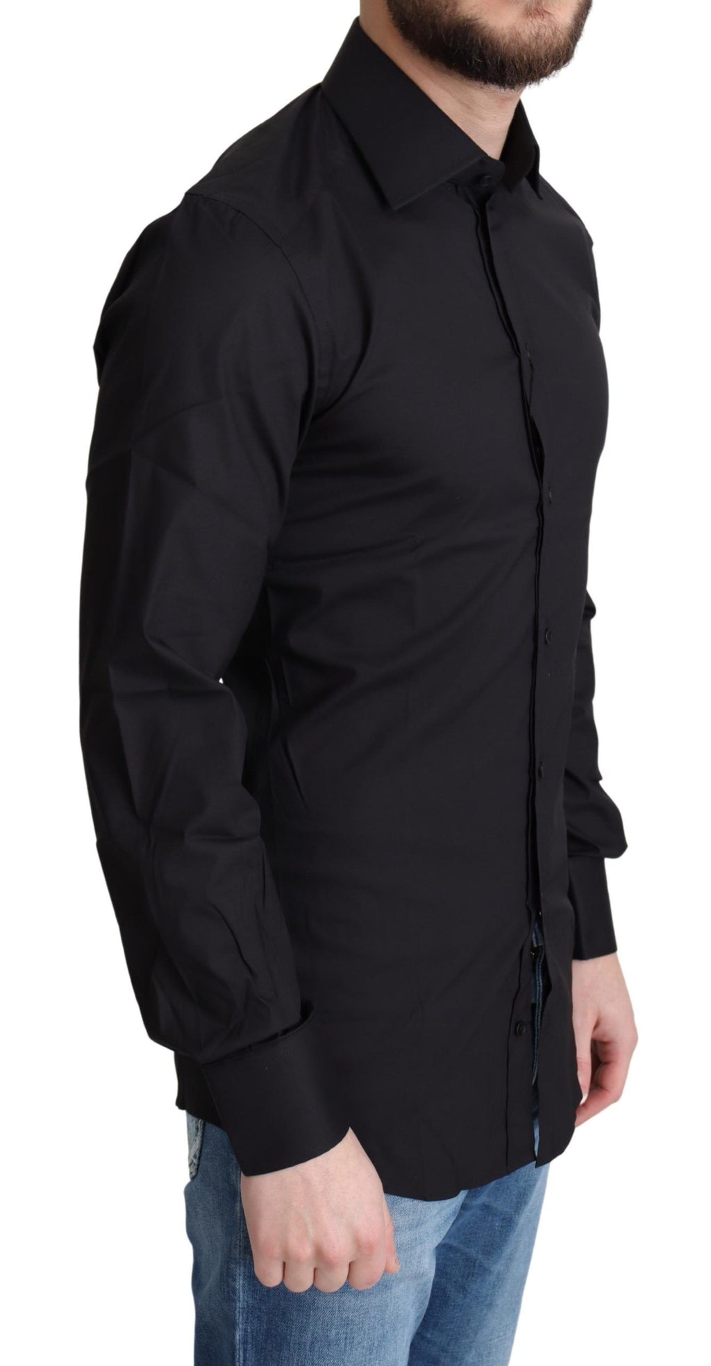 Chemise de costume noire Dolce & Gabbana en mélange de coton, coupe formelle, vue de face sur le mannequin.