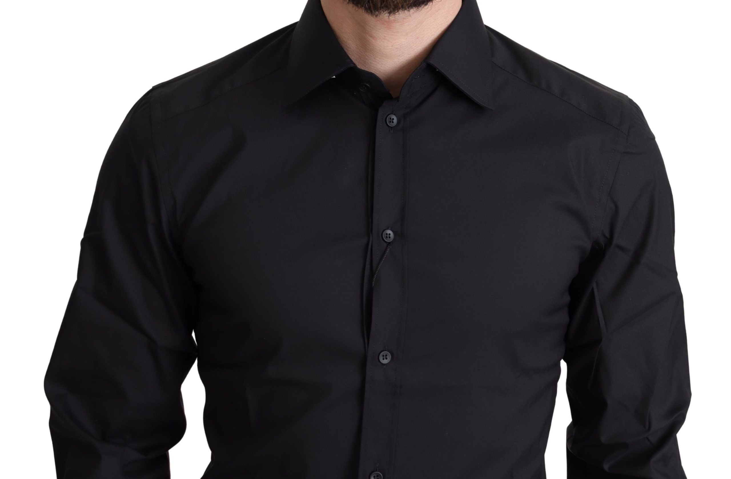 Chemise formelle noire en coton mélangé Dolce & Gabbana, manche longue, col classique, tissu élégant.