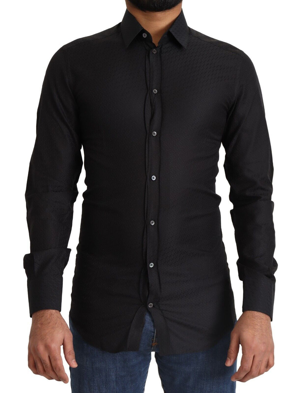 Chemise formelle Dolce & Gabbana en coton noir avec détails dorés, coupe slim pour femme.