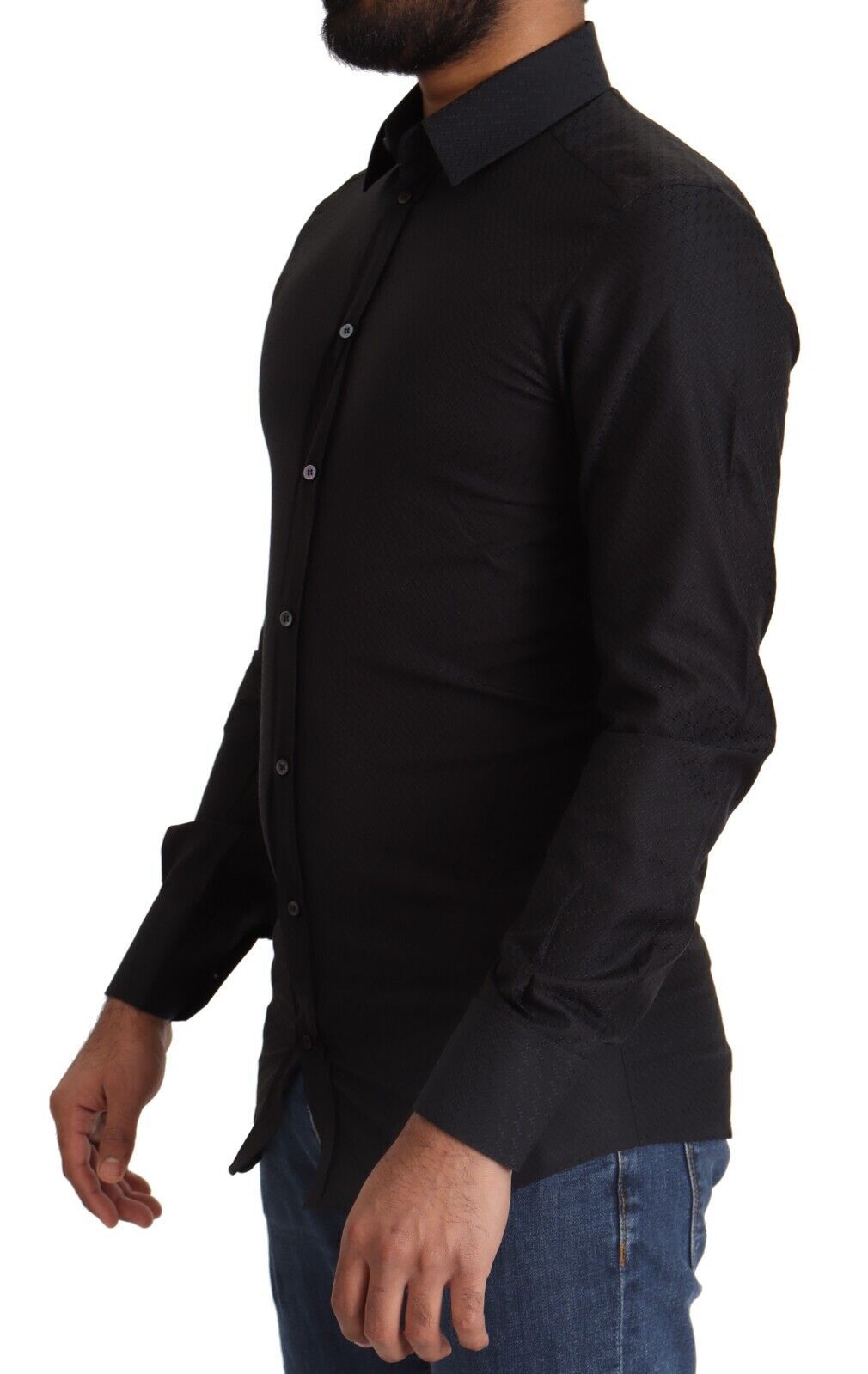 Chemise formelle en coton noir et or de Dolce & Gabbana, coupe slim, pour homme, vue de face.