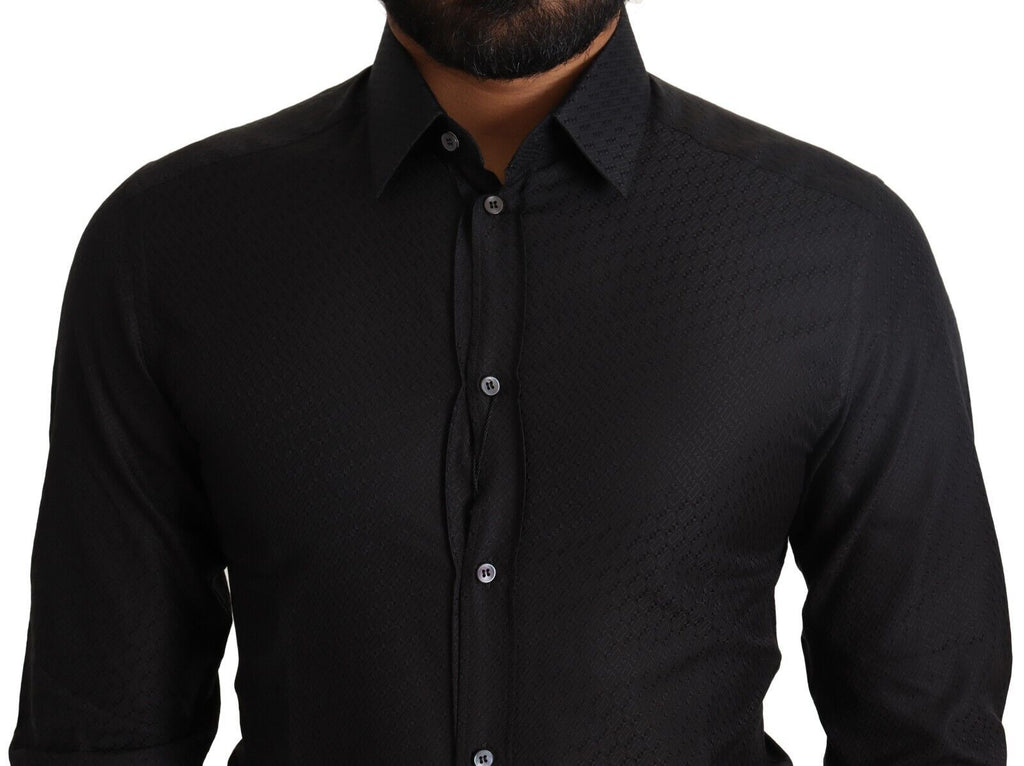 Chemise formelle Slim Dolce & Gabbana en coton noir avec détails dorés, élégante chemise habillée pour homme.