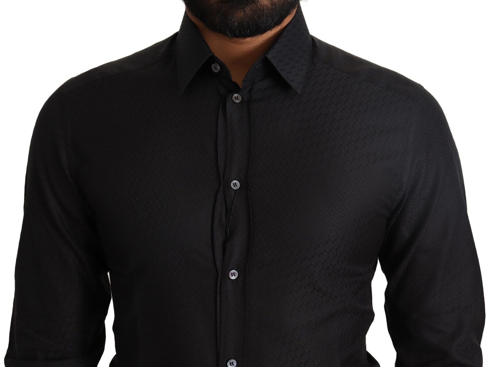 Chemise formelle Slim Dolce & Gabbana en coton noir avec détails dorés, élégante chemise habillée pour homme.
