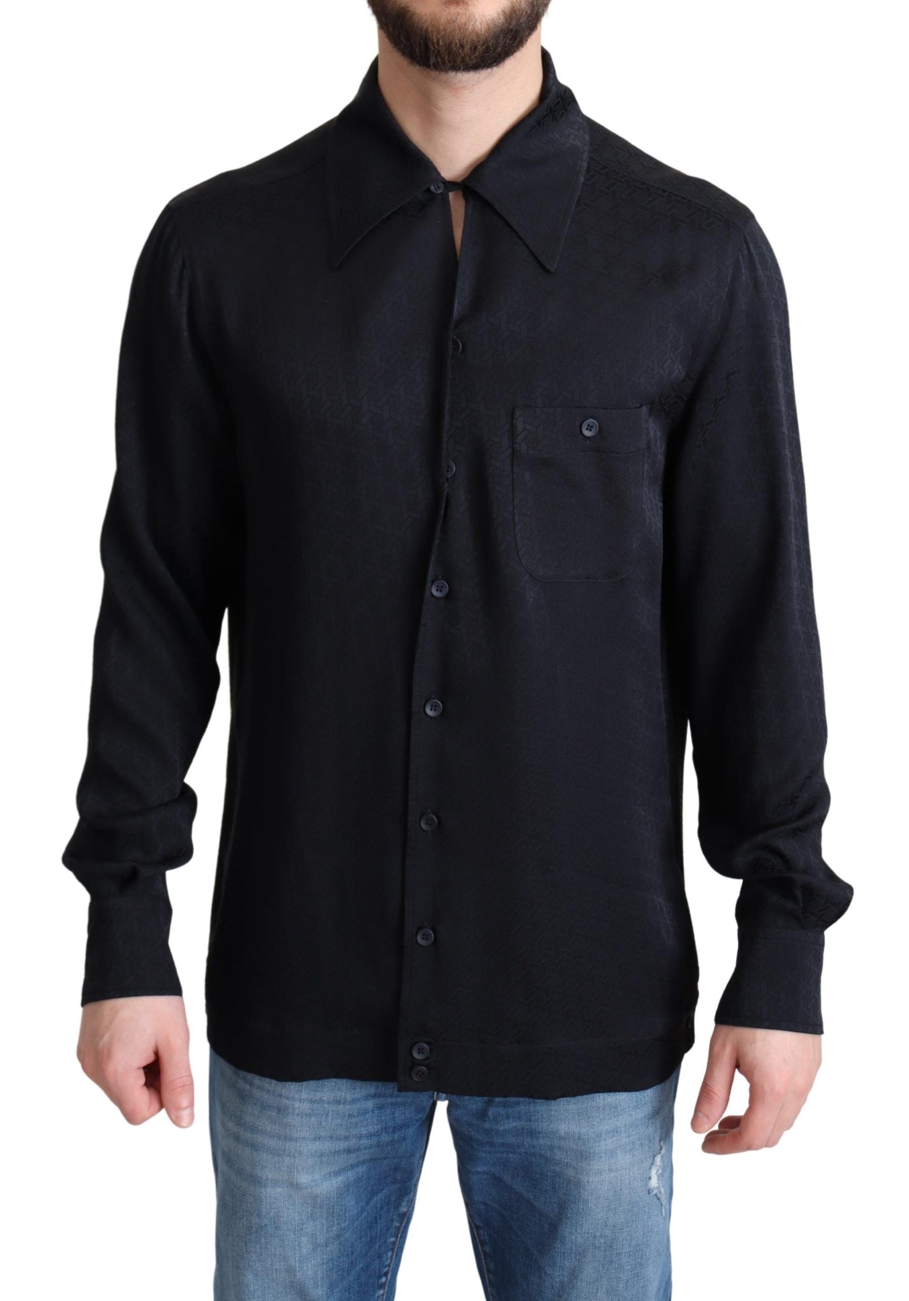 Chemise décontractée en jacquard de soie noire de Dolce & Gabbana, style bouton devant, détail élégant et tissu luxueux.