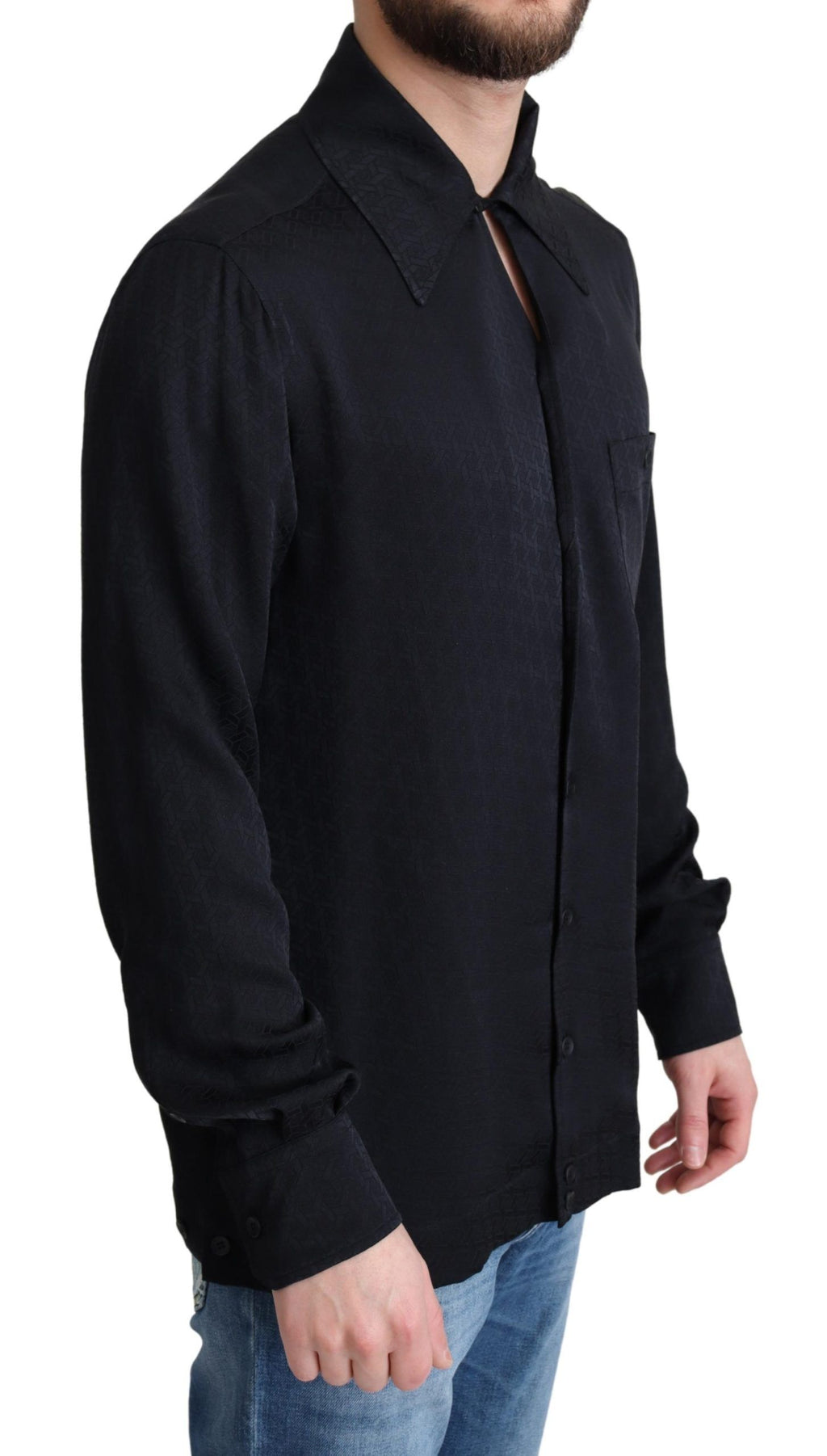 Chemise décontractée en jacquard de soie noire de Dolce & Gabbana, avec boutons visibles sur le devant.