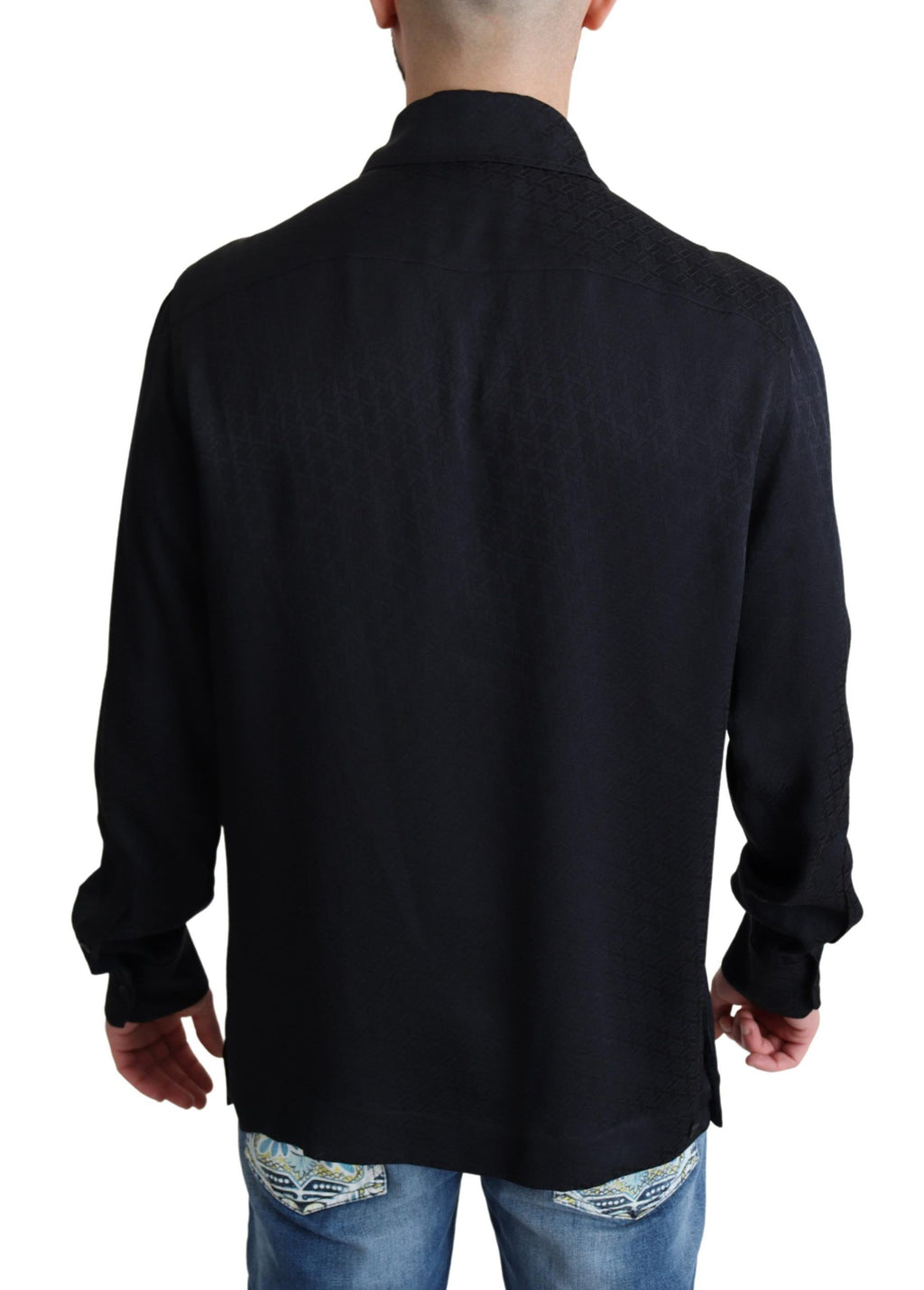 Chemise décontractée en jacquard de soie noire de Dolce & Gabbana, boutonnière élégante et tissu luxueux visible sur l'image.