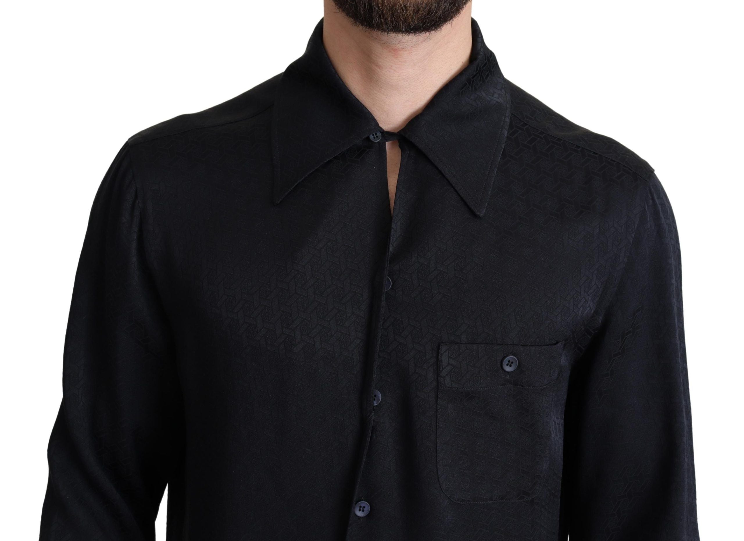 Chemise Dolce & Gabbana en jacquard de soie noire à boutons décontractés, vue de face.