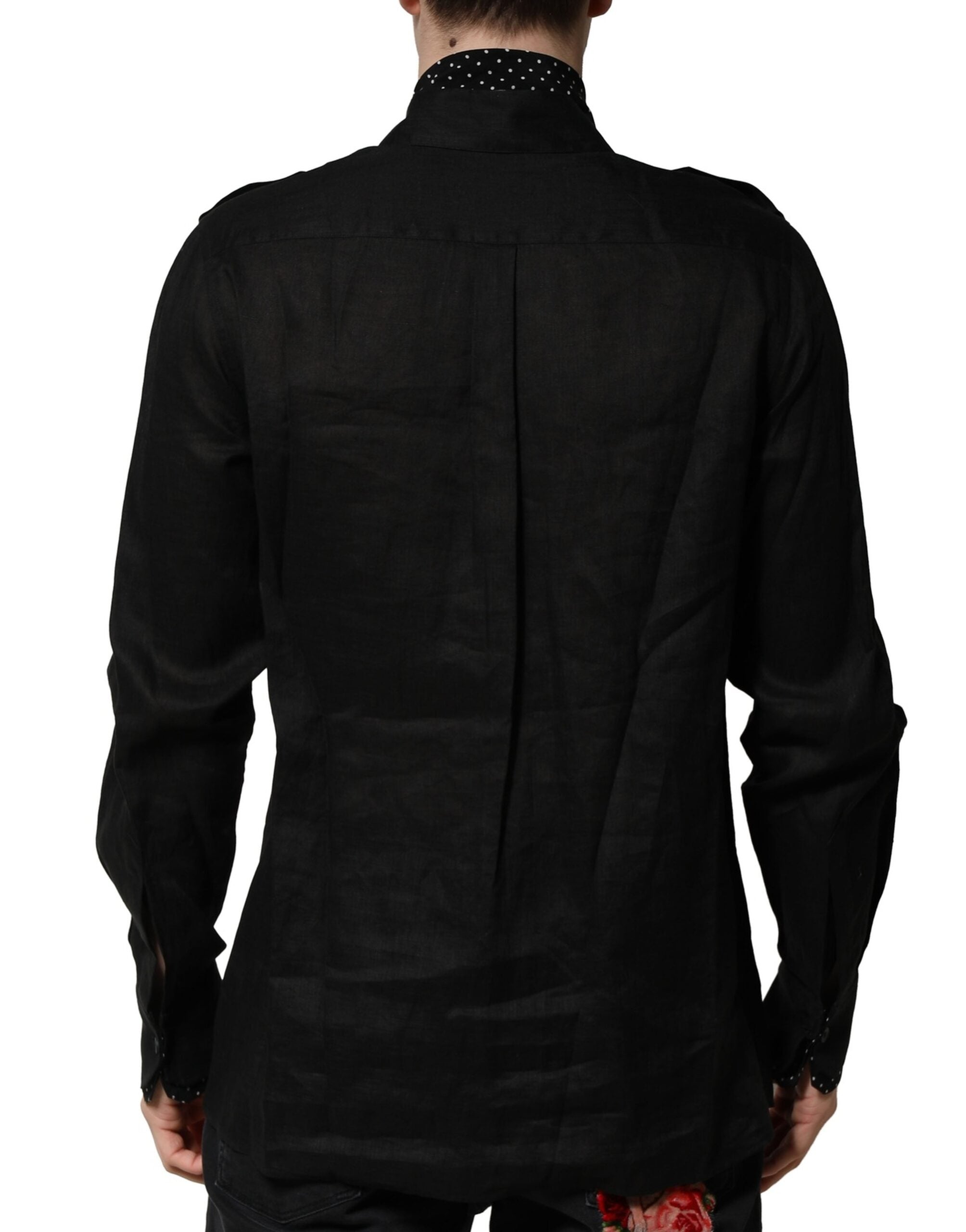 Chemise décontractée noire à pois Dolce & Gabbana avec col et cravate, vue de face.