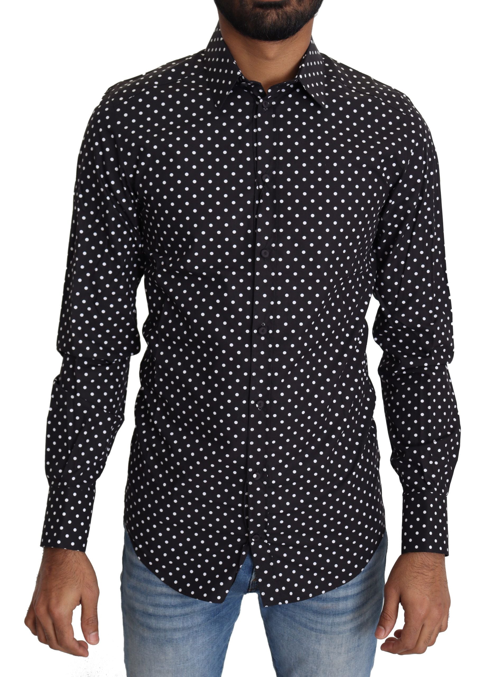 Chemise décontractée Dolce & Gabbana à pois noirs et blancs, style casual avec col et manches longues visible sur l'image.