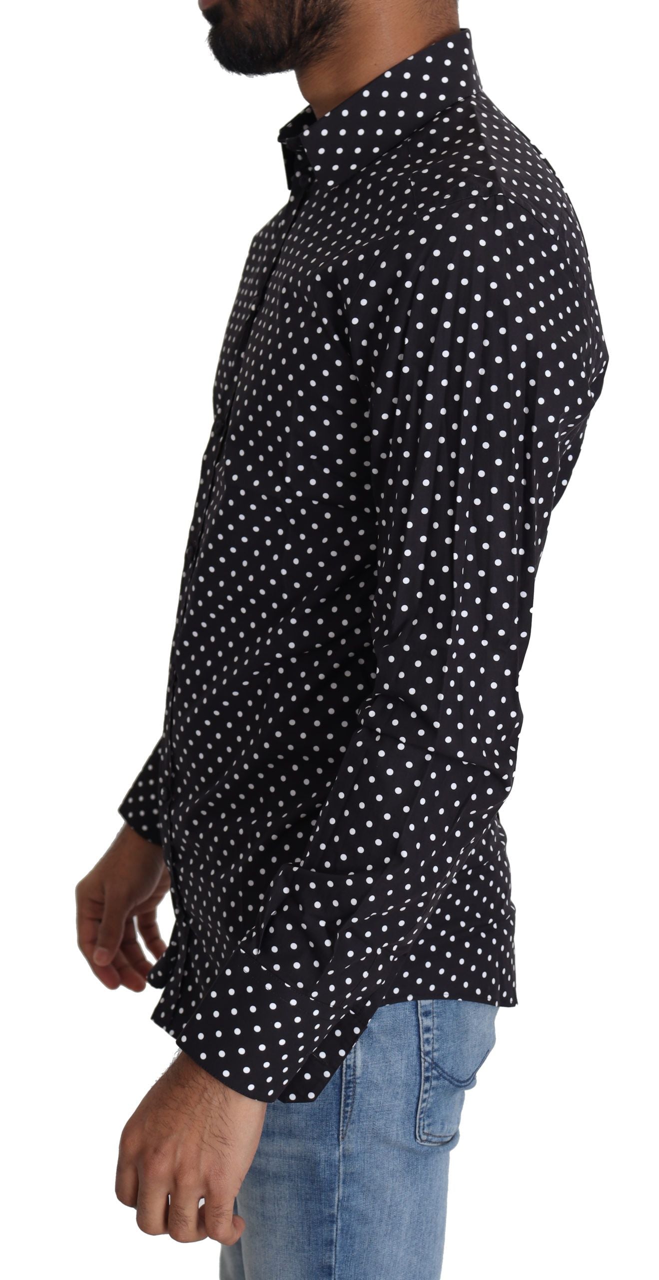 Chemise décontractée Dolce & Gabbana à pois noirs et blancs, style casual avec col et manches longues, vue de face.