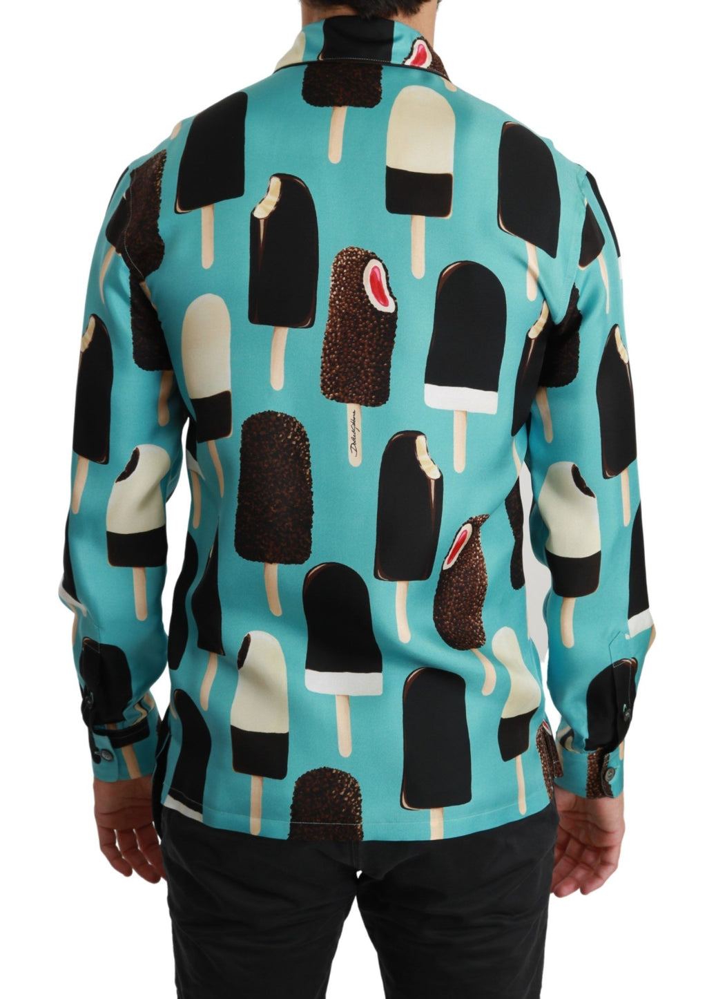 Chemise décontractée en soie bleue Dolce & Gabbana avec motif glace à l'ice cream, vue de face.