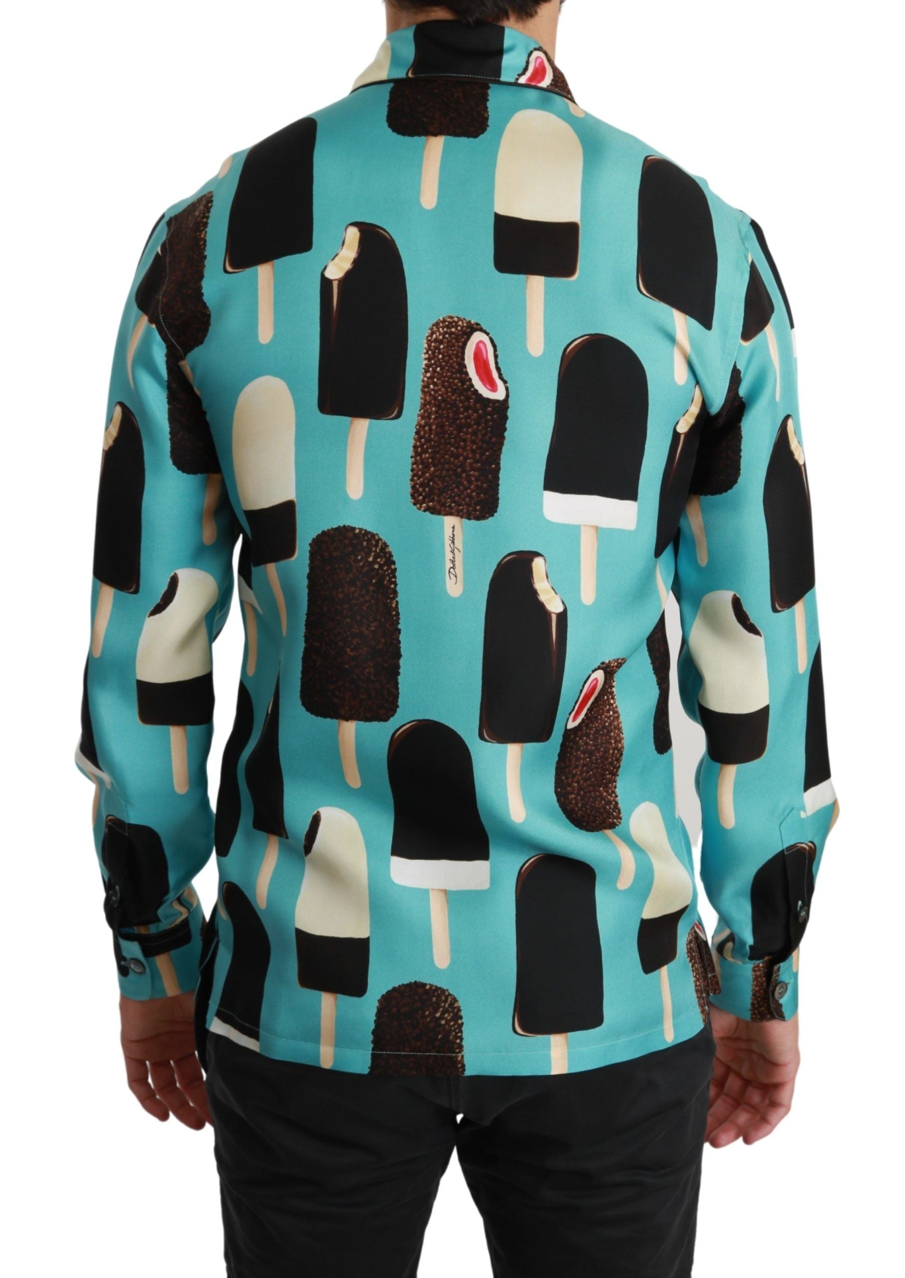 Chemise décontractée en soie bleue Dolce & Gabbana avec motif glace à l'ice cream, vue de face.