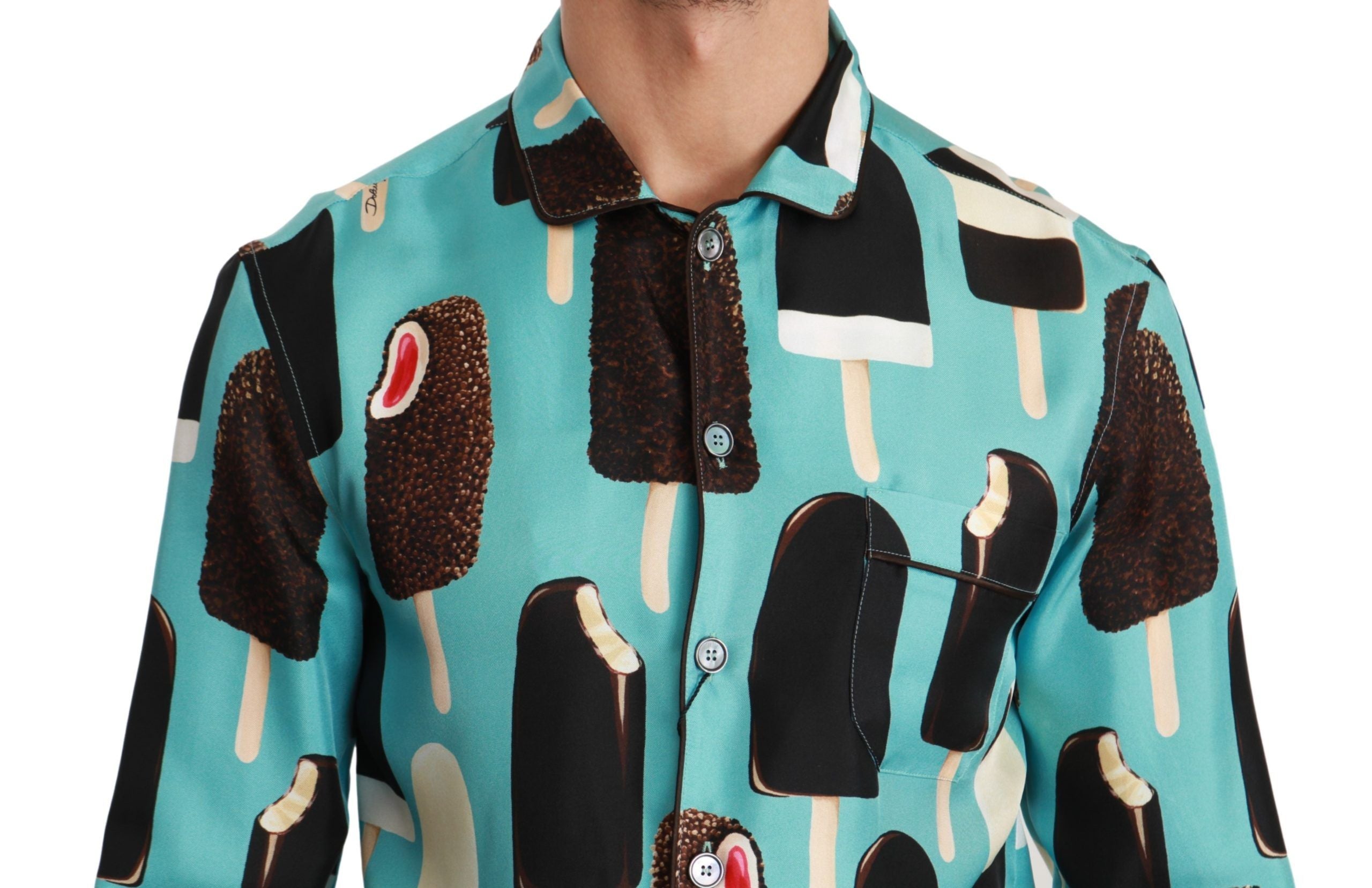 Chemise décontractée en soie bleue avec motif crème glacée de Dolce & Gabbana, style casual élégant.