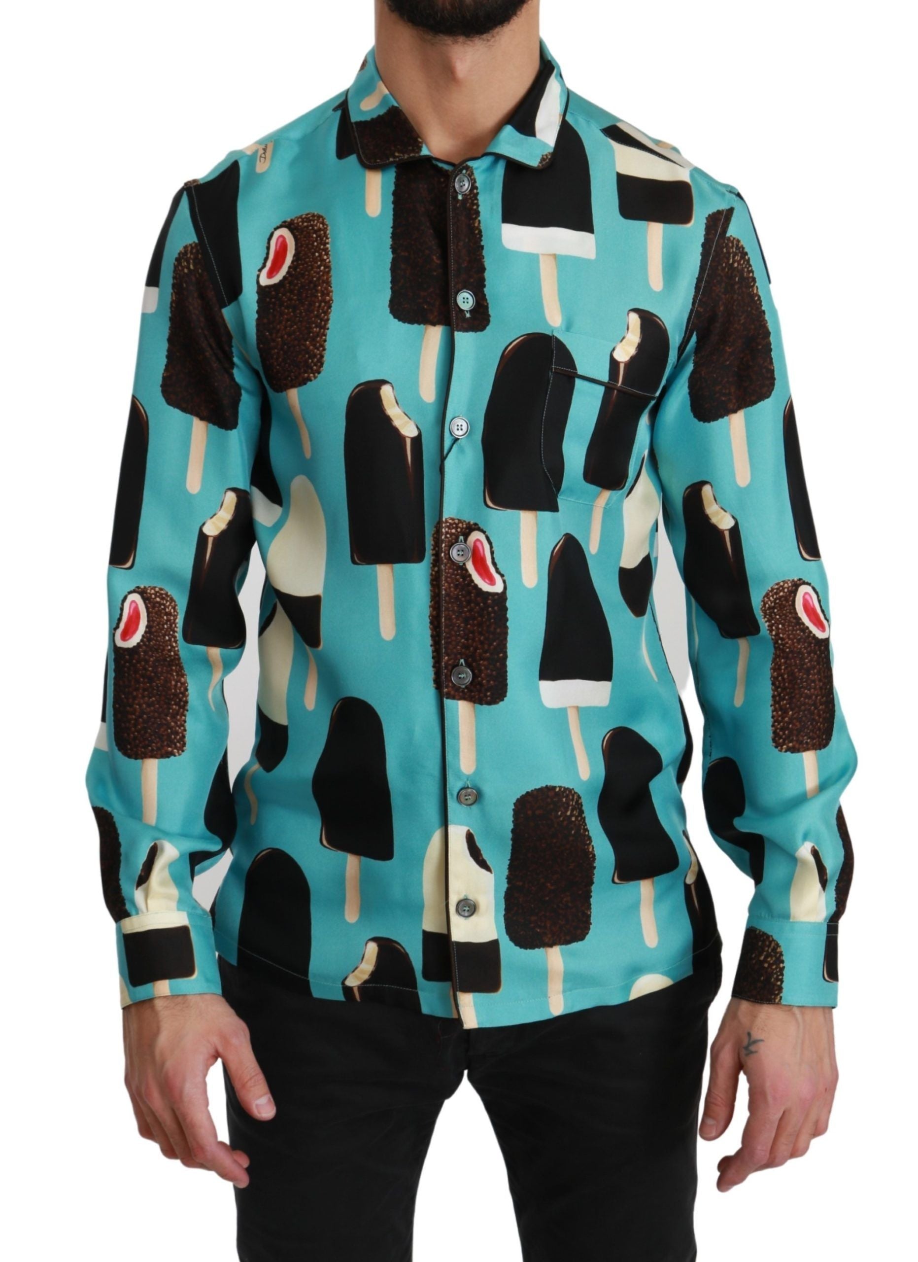 Chemise décontractée en soie bleue Dolce & Gabbana avec motif glaces, style casual et élégance sophistiquée.