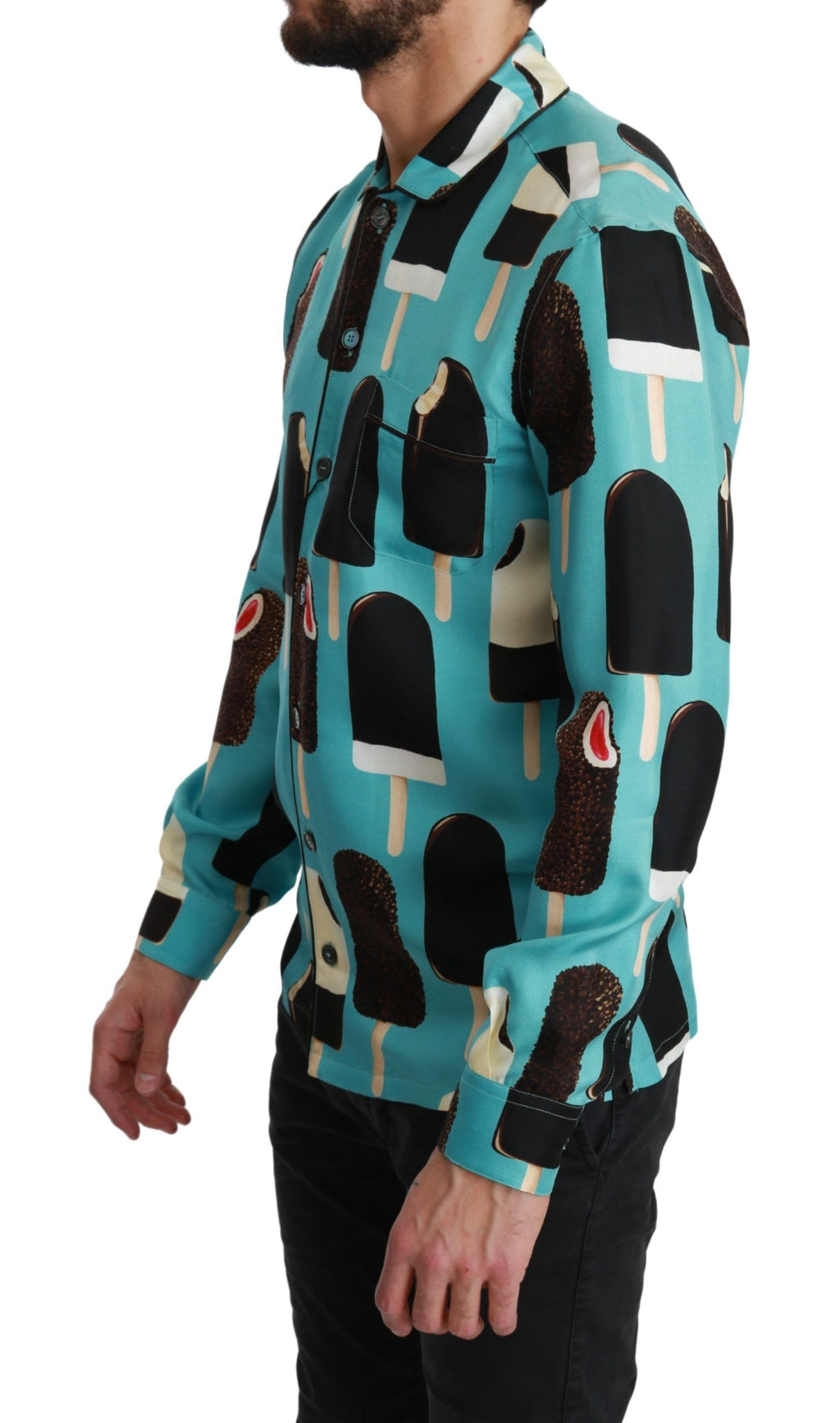 Chemise décontractée en soie bleue Dolce & Gabbana avec motif crème glacée, style casual et élégant.
