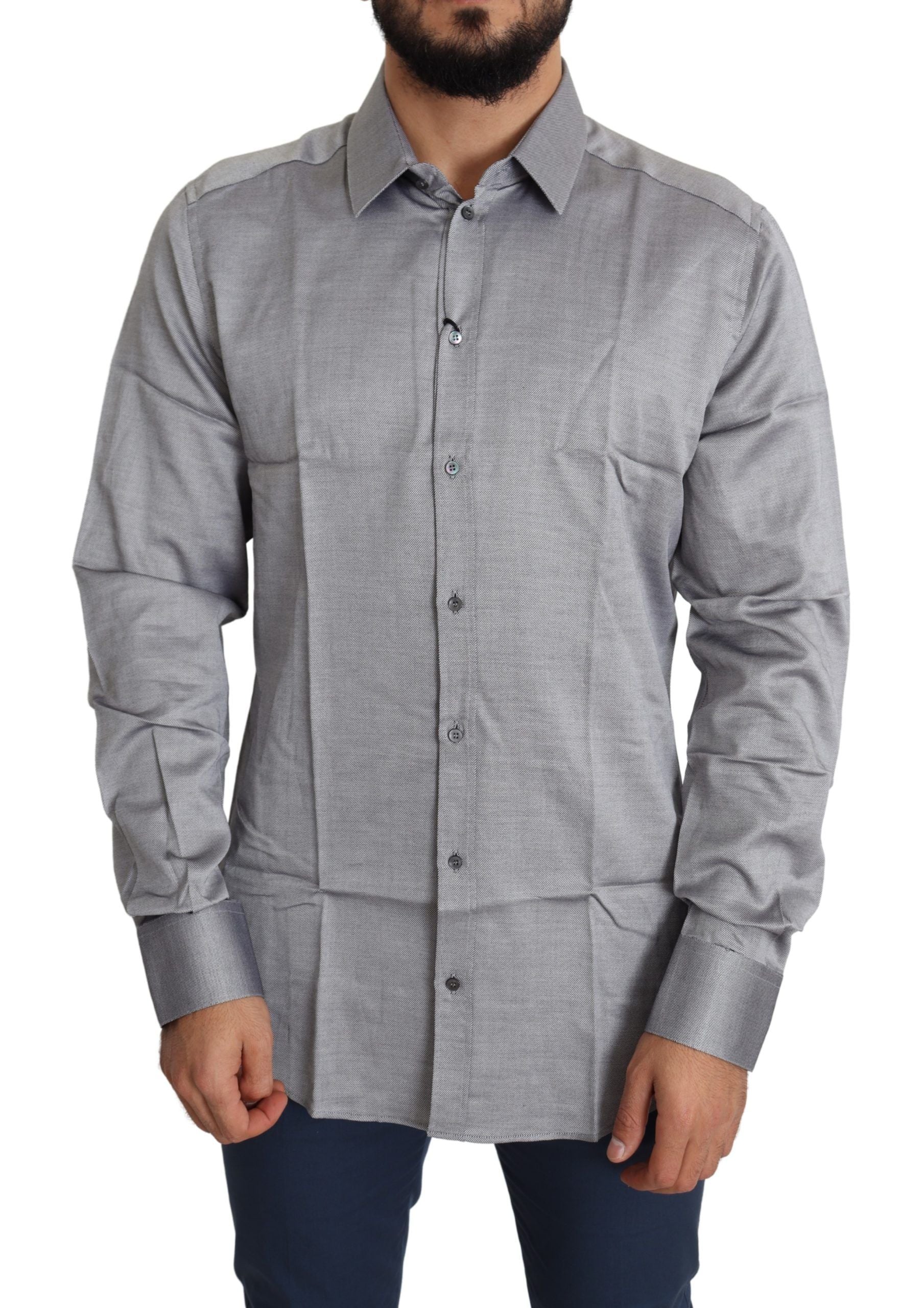 Chemise formelle pour homme Dolce & Gabbana en coton gris avec détails dorés, élégante et sophistiquée.