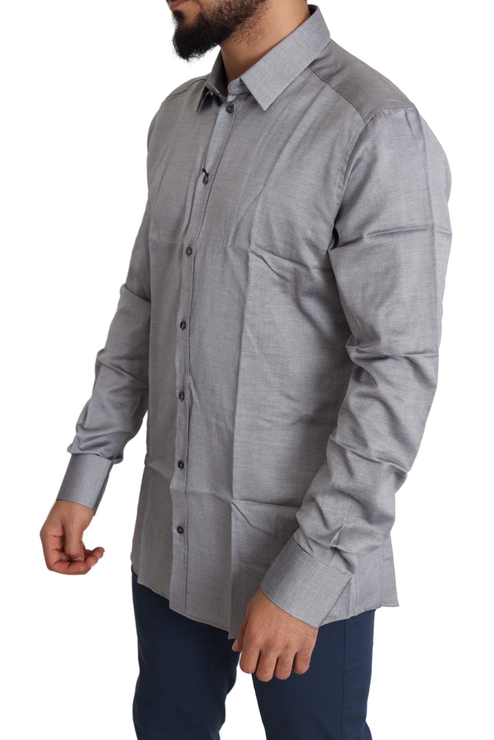 Chemise de costume grise en coton pour homme Dolce & Gabbana, élégante chemise formelle avec détails dorés.