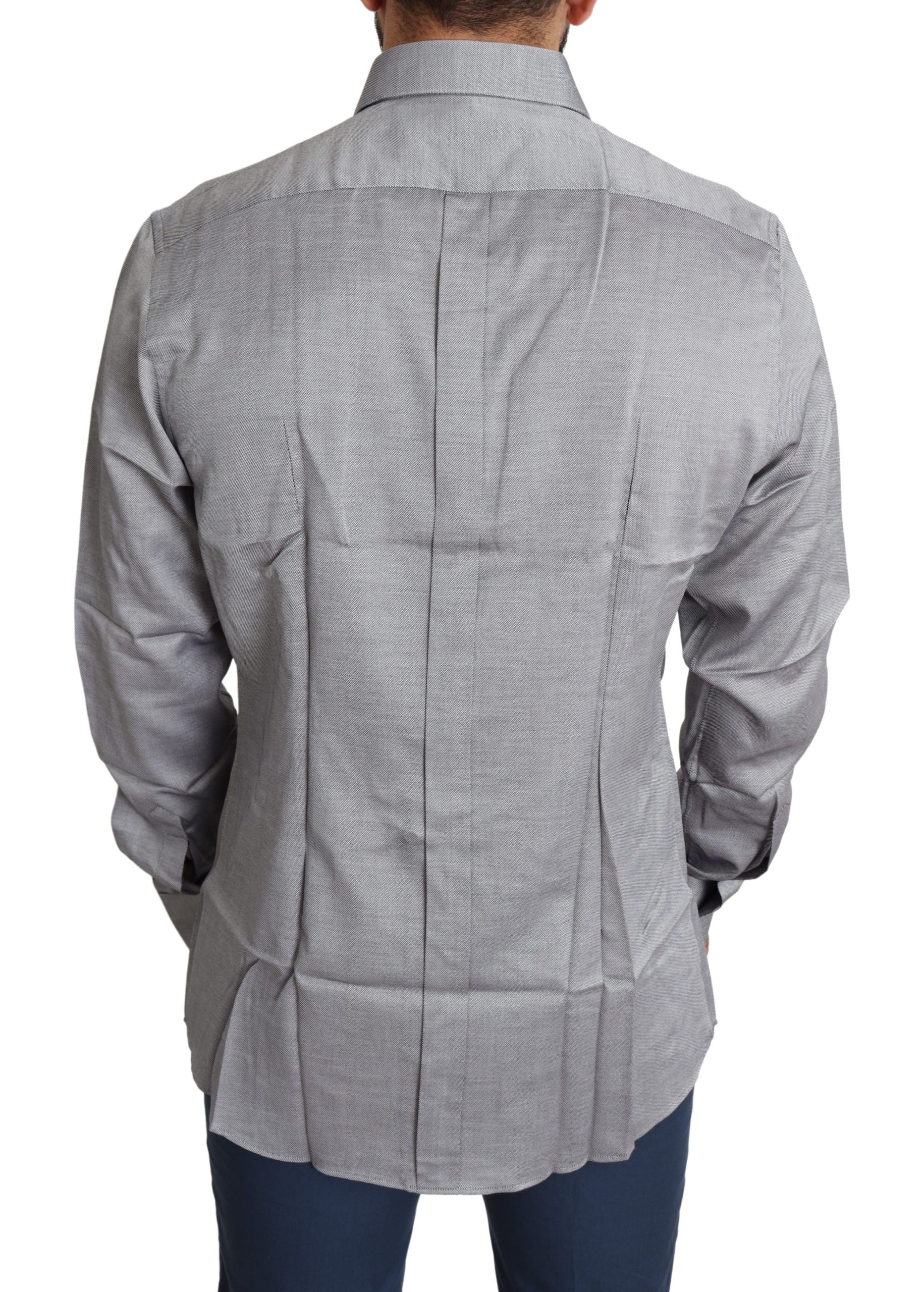 Chemise formelle pour homme Dolce & Gabbana en coton gris avec détails dorés, élégante et sophistiquée pour occasions spéciales.