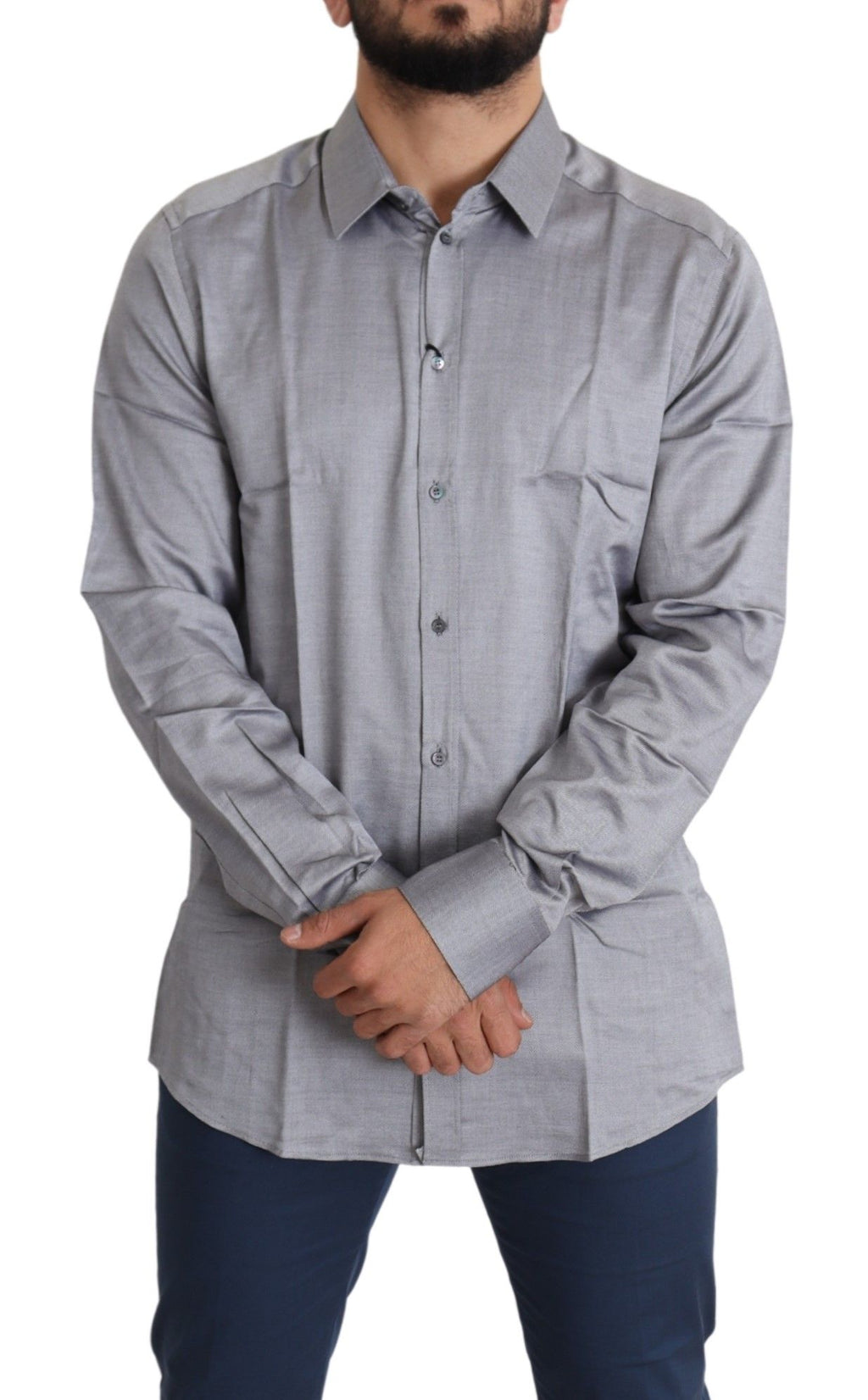 Chemise formelle grise en coton pour homme Dolce & Gabbana, style élégant avec détails dorés.
