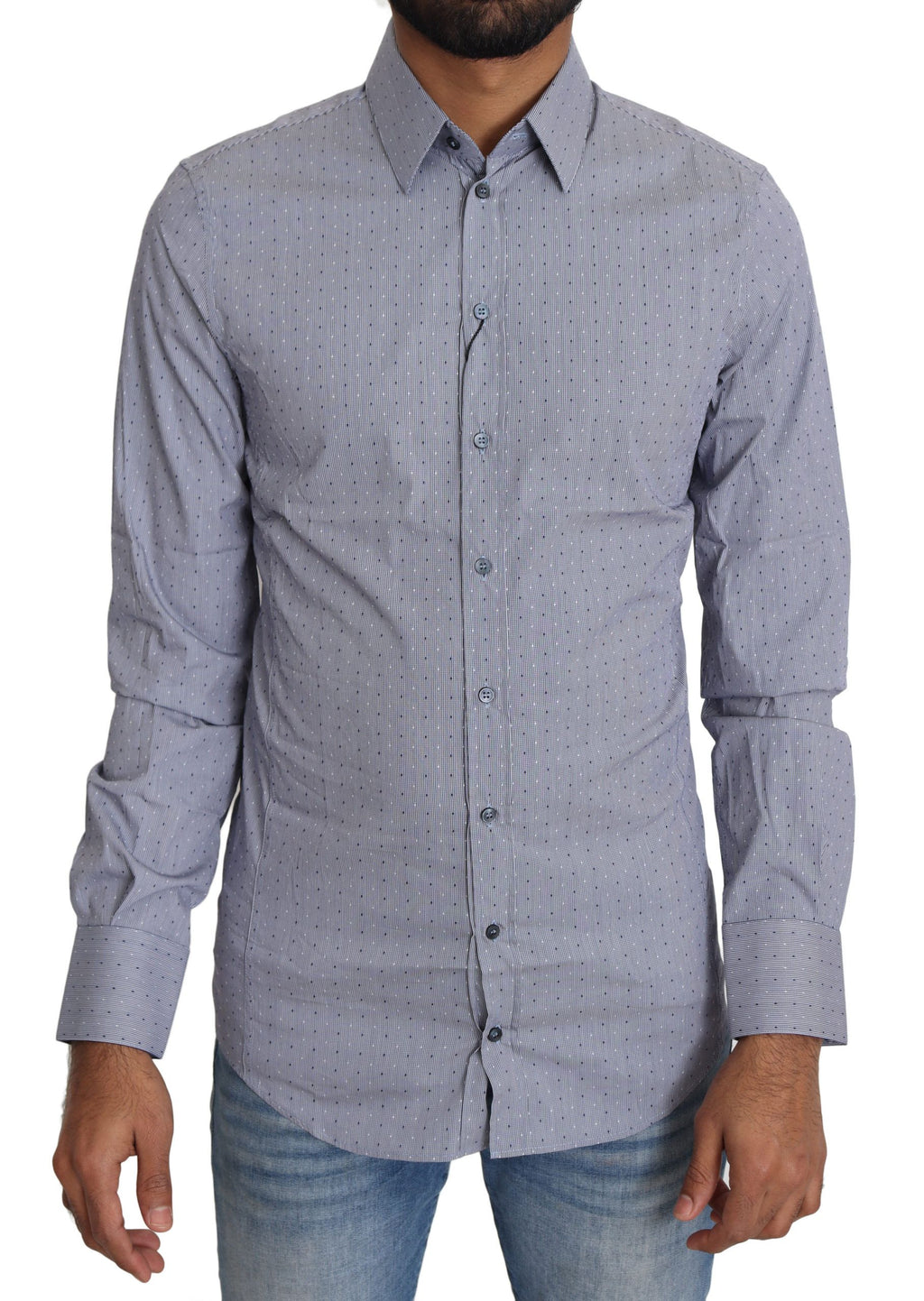 Chemise formelle Dolce & Gabbana Sicilia gris à pois, coupe semi-ajustée, détails élégants, tissu de qualité visible sur l'image.