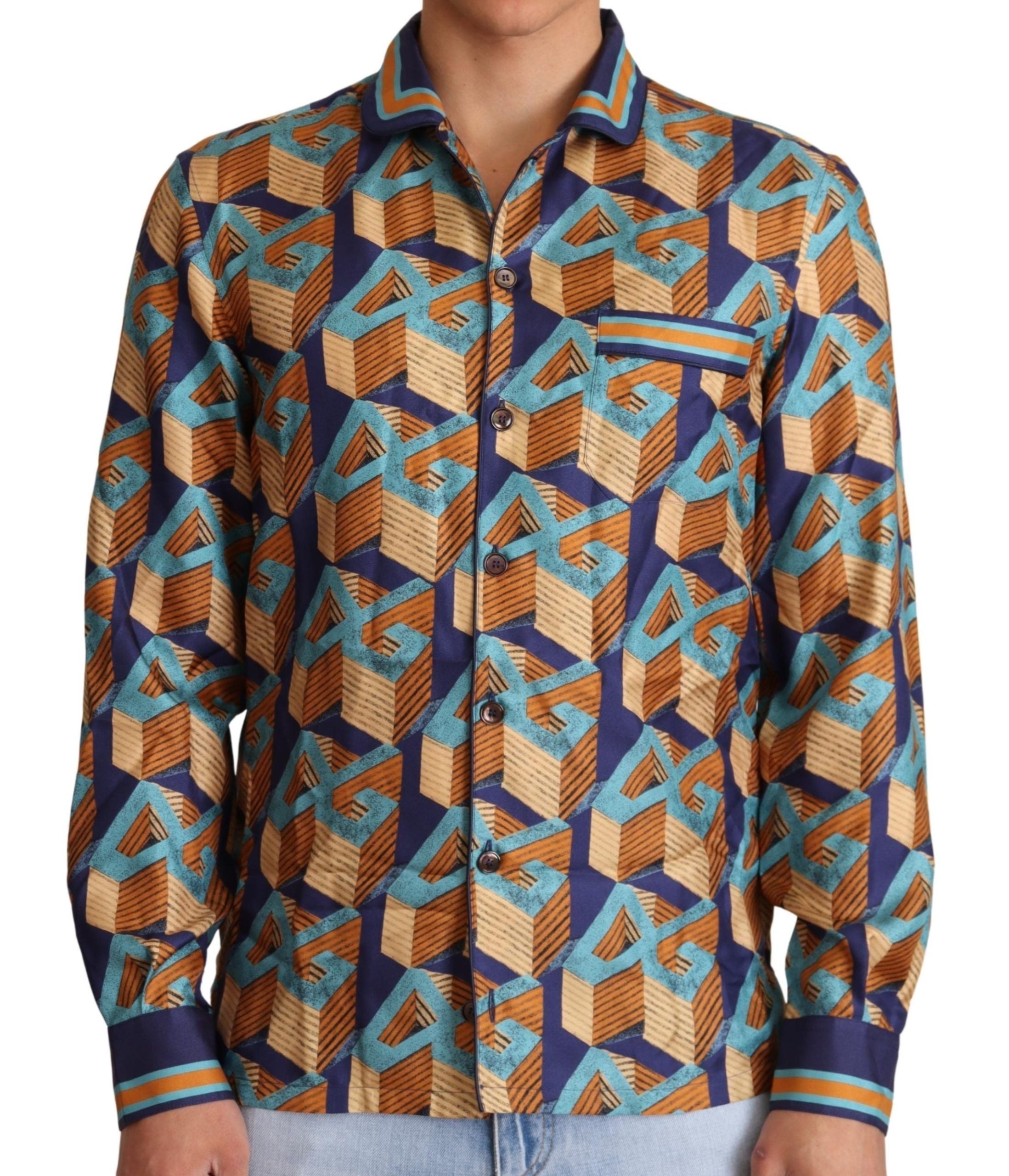 Chemise homme Dolce & Gabbana en soie multicolore avec logo DG, style élégant et moderne.