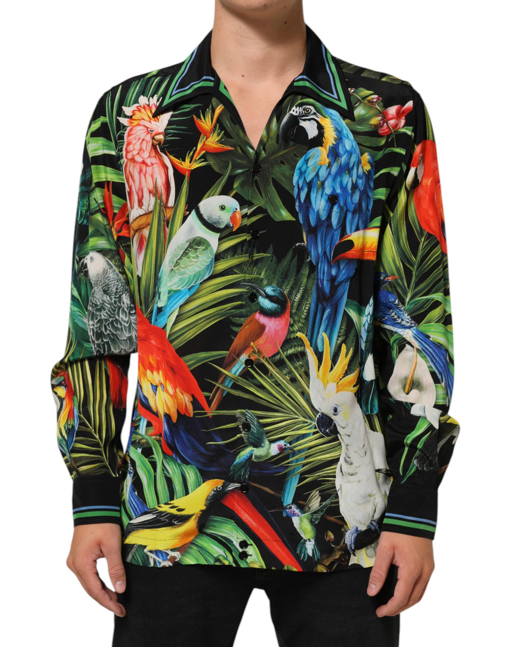 Chemise décontractée Dolce & Gabbana à imprimé perroquet multicolore, style lounge casual avec col et manches longues.