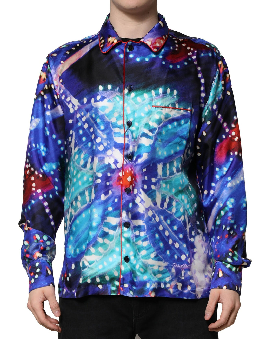 Chemise décontractée en soie multicolore imprimée de Dolce & Gabbana, style casual avec motif vibrant.