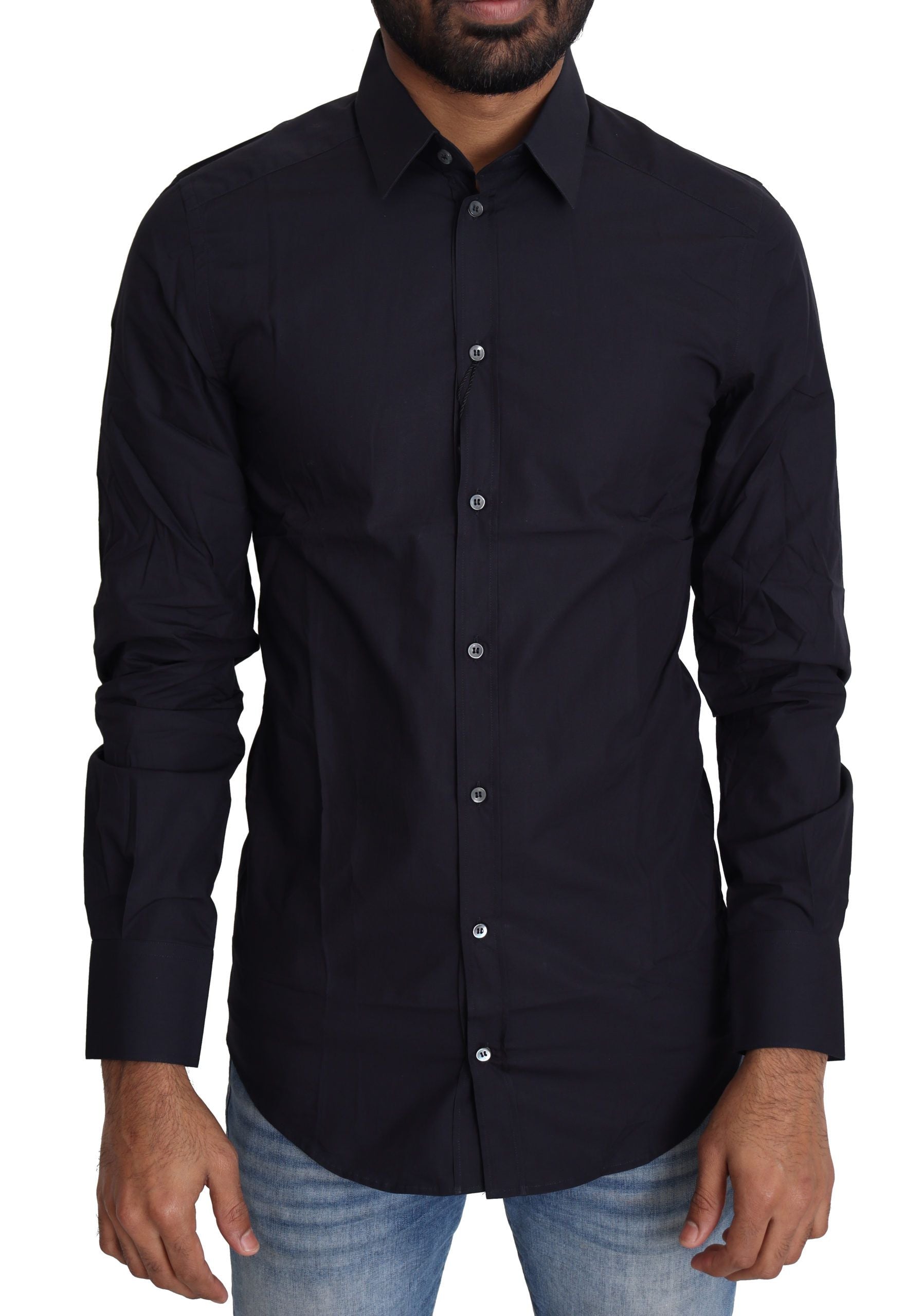 Chemise formelle en coton bleu marine de Dolce & Gabbana, vue de face, détails élégants et col classique.