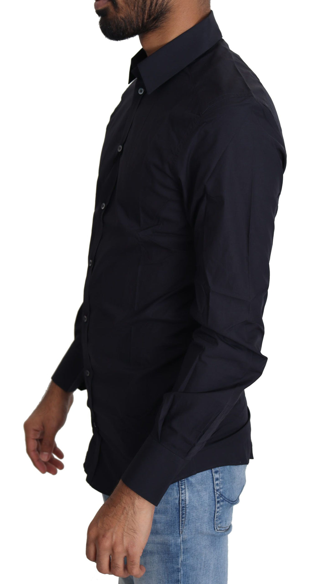 Chemise formelle en coton bleu marine Dolce & Gabbana, vue de face, détails du col et des boutons visibles.