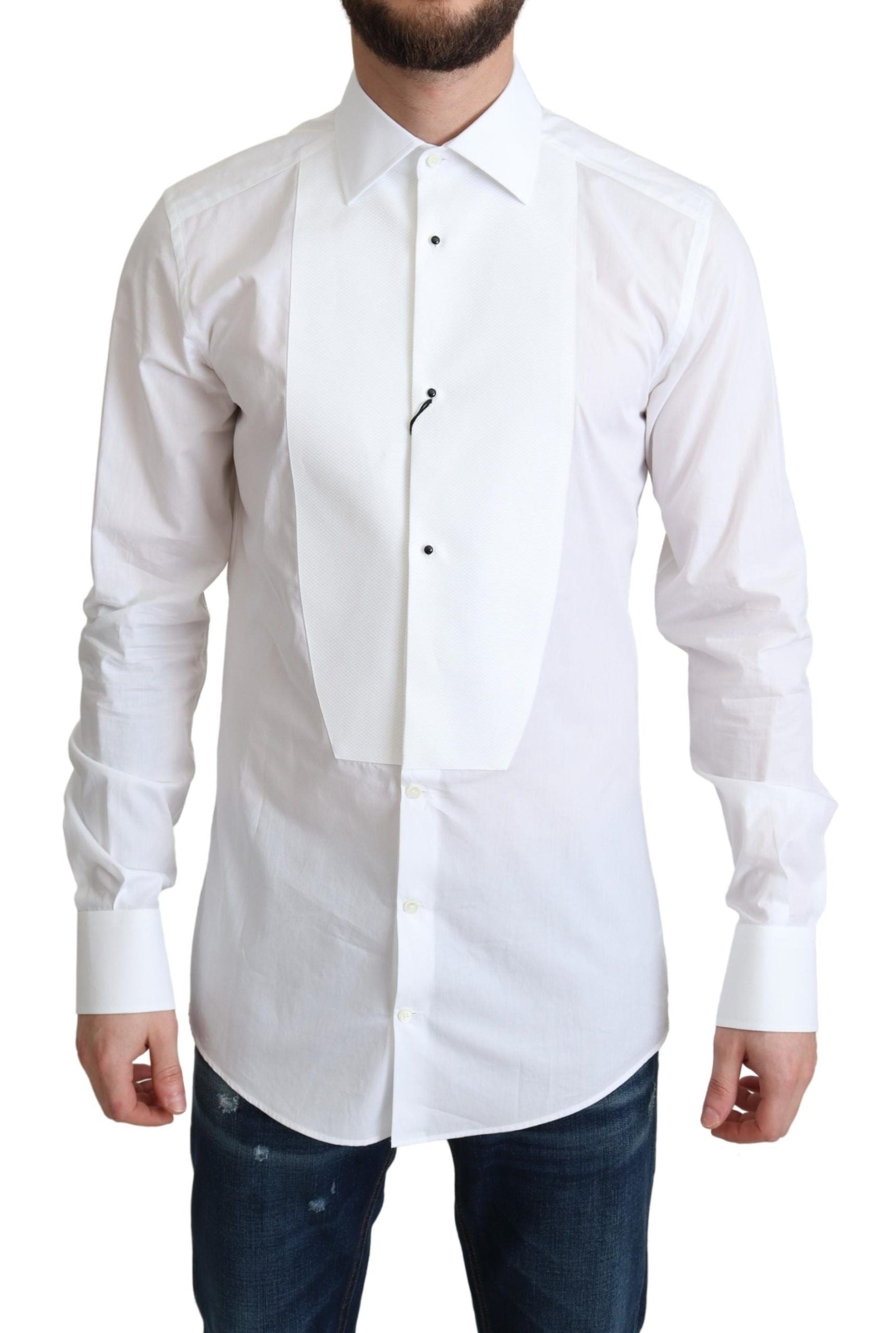 Chemise formelle blanche en coton popeline Dolce & Gabbana pour homme, vue de face avec col et boutons visibles