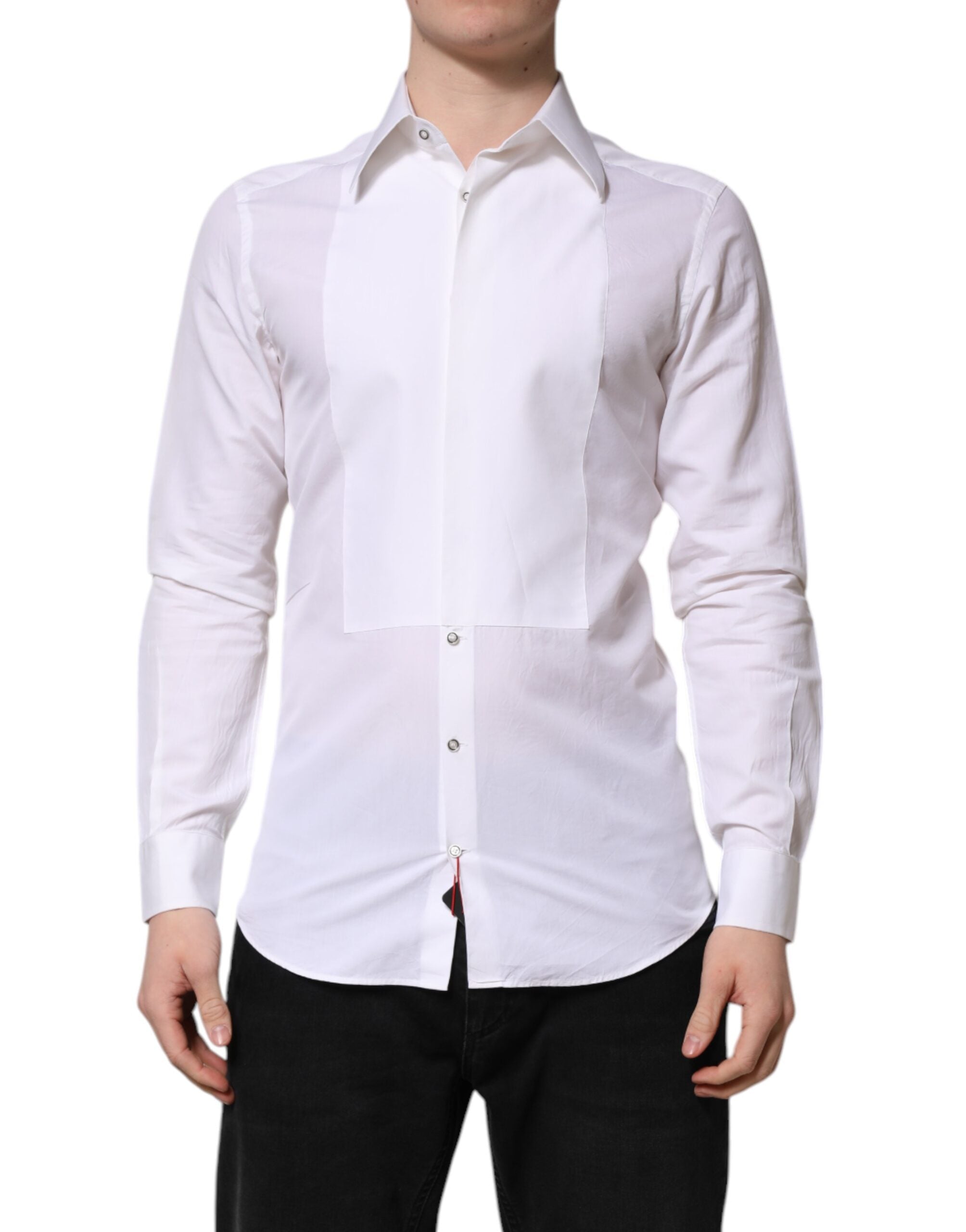 Chemise blanche en coton à manches longues Dolce & Gabbana, élégante et sophistiquée, avec détails dorés.