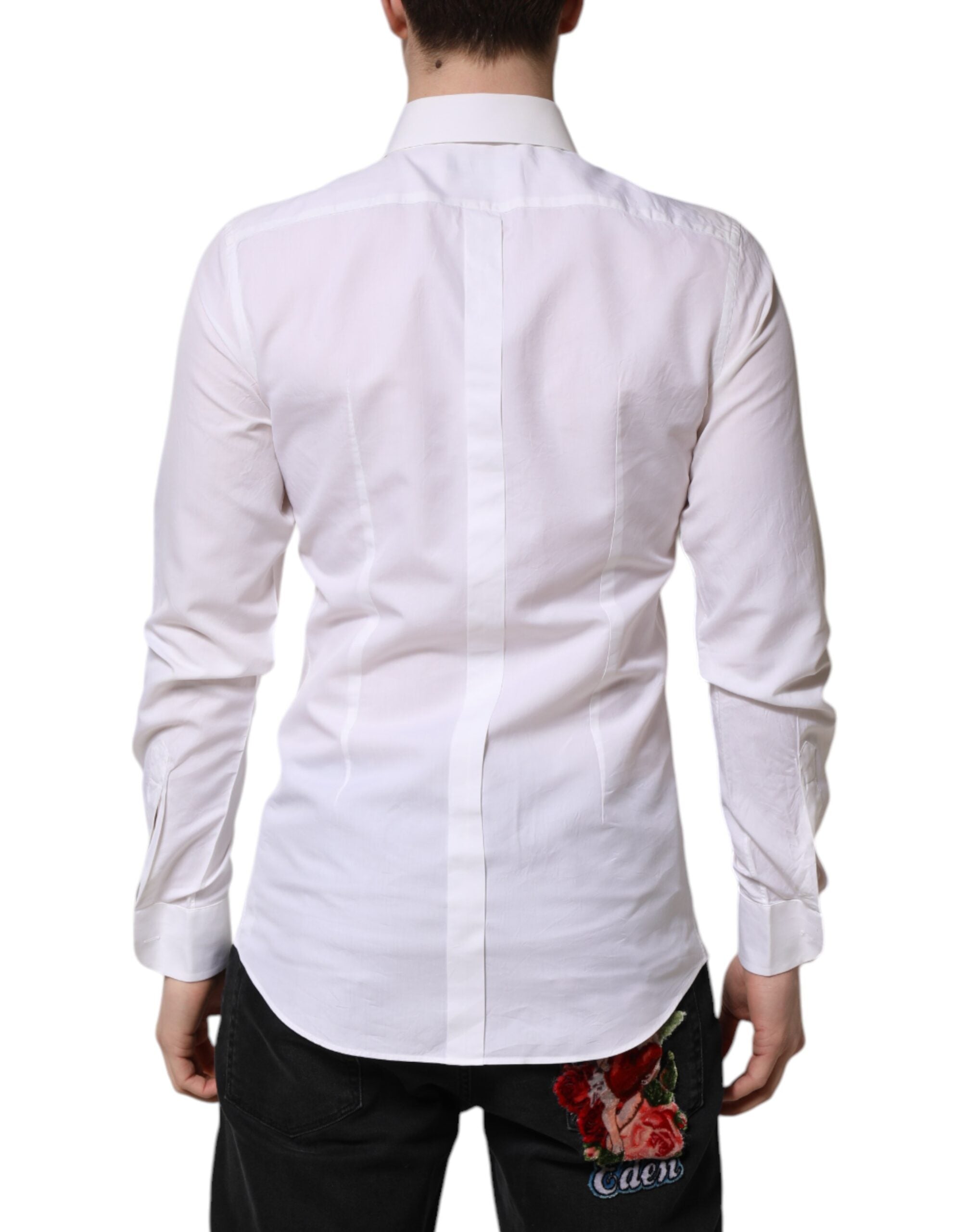 Chemise Dolce & Gabbana en coton blanc à manches longues avec détails dorés, élégante chemise de luxe pour homme.