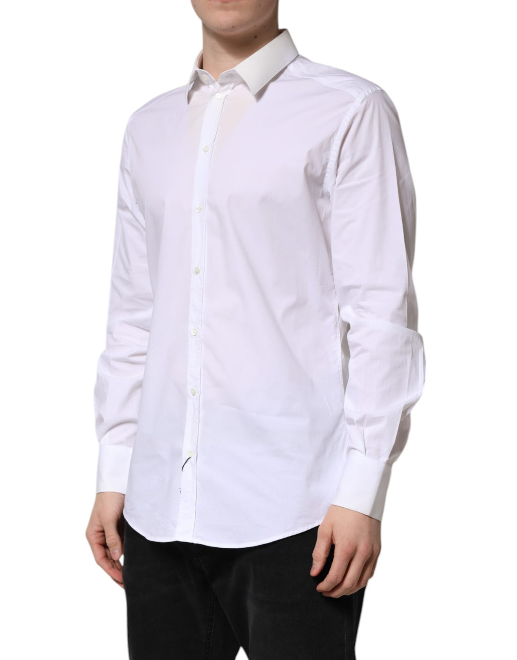 Chemise blanche en coton Dolce & Gabbana à manches longues avec détails dorés, élégante chemise homme ou femme.