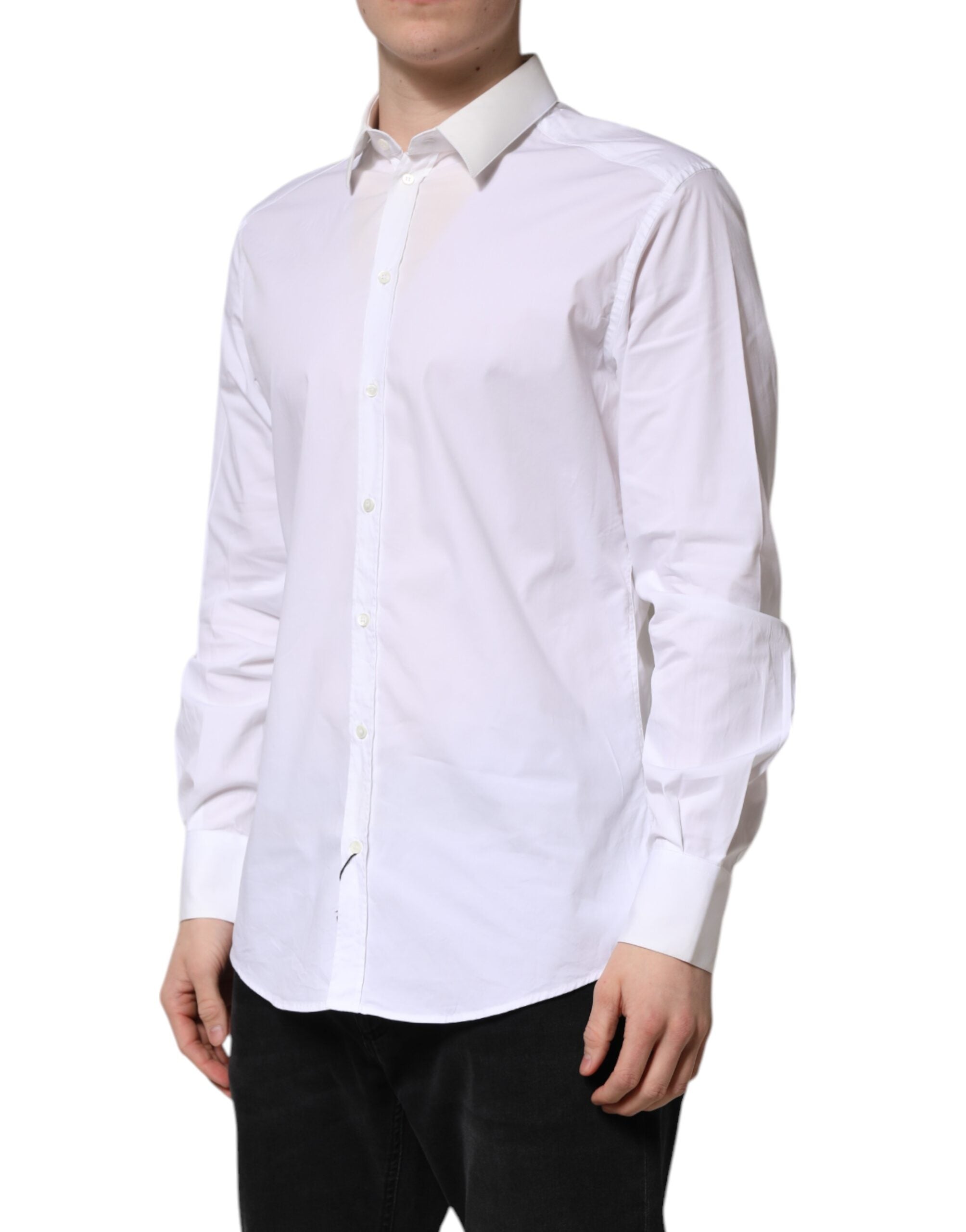 Chemise blanche en coton Dolce & Gabbana à manches longues avec détails dorés, élégante chemise homme ou femme.